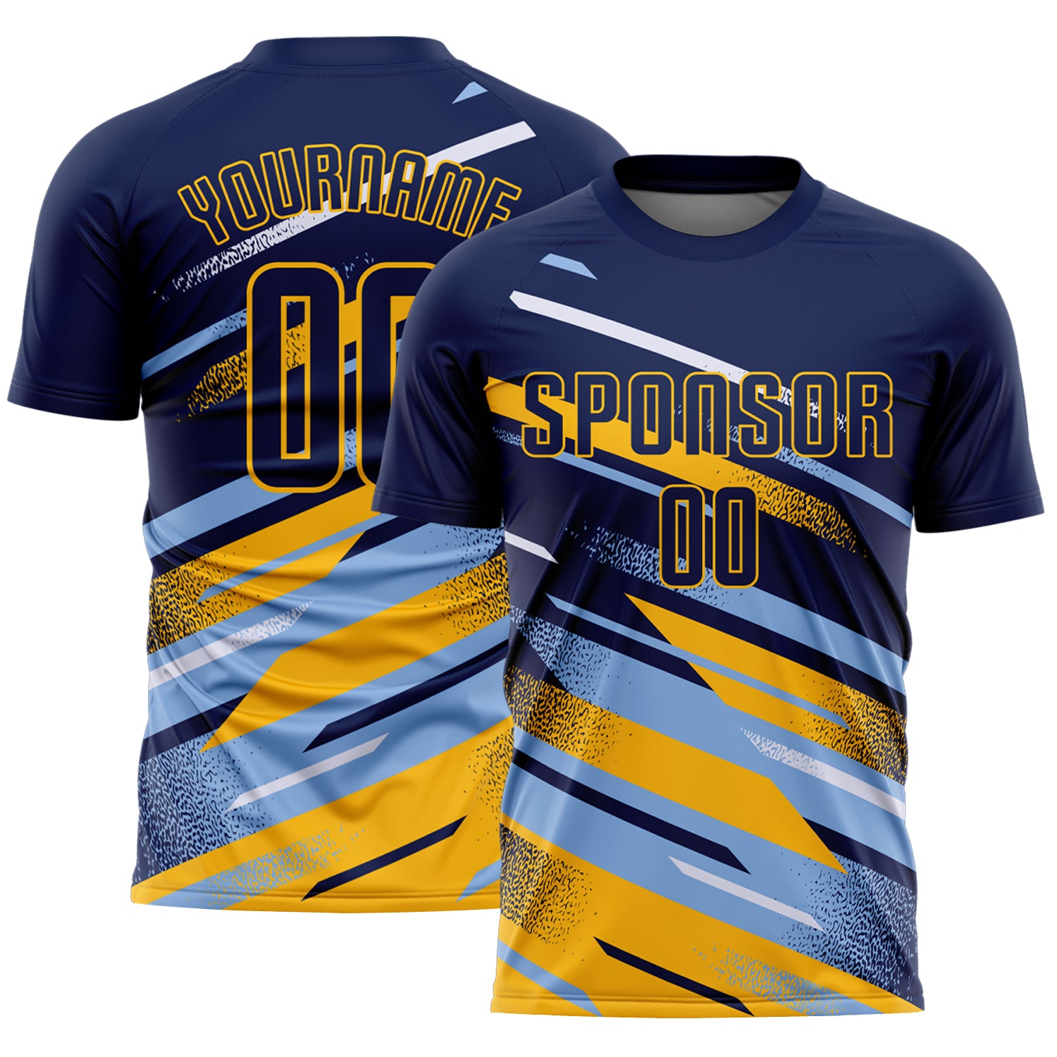 Custom Navy Light Blue Gold-White Grunge Stripe And Grainy Sports Sublimation Soccer Uniform Jersey