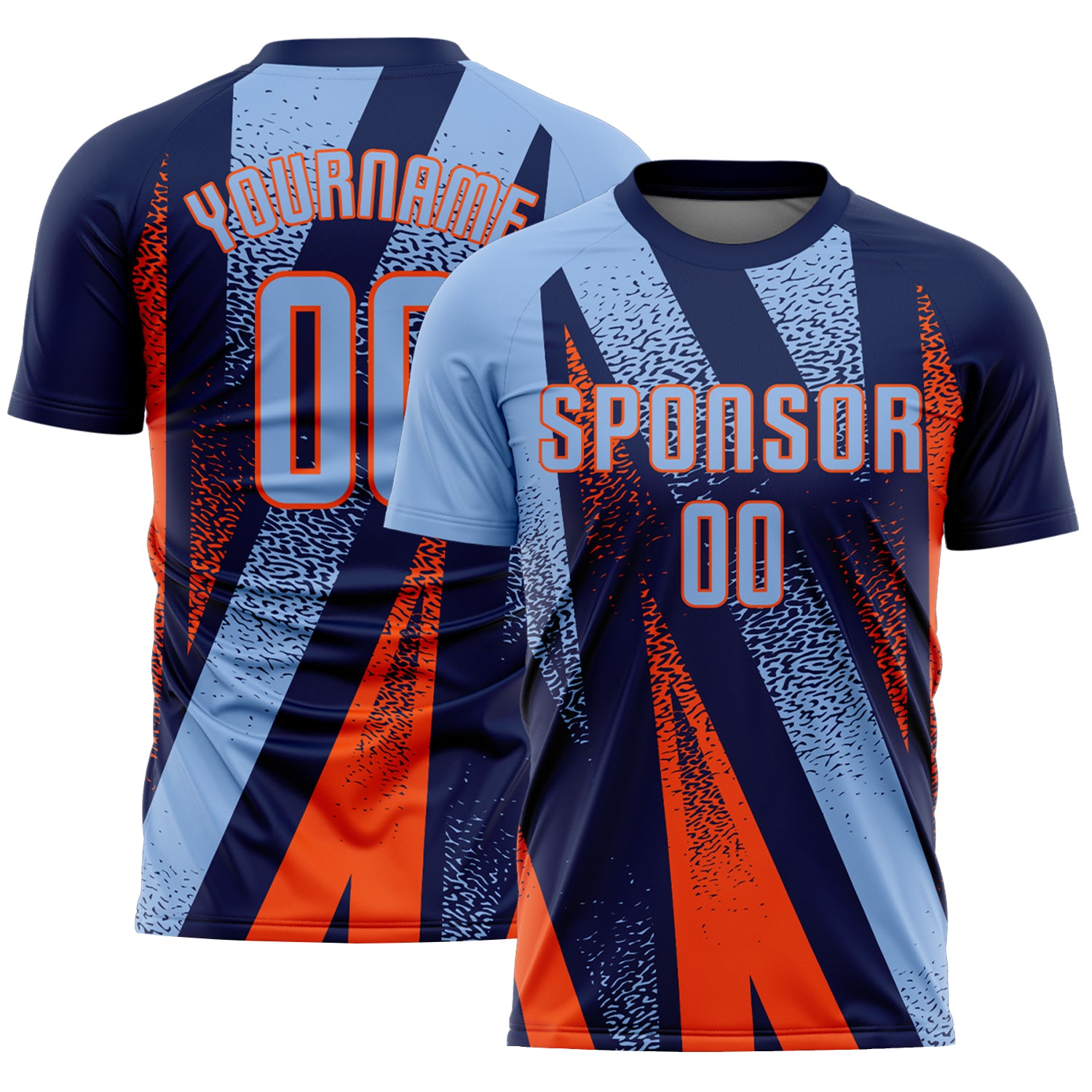 Custom Navy Light Blue-Orange Radial Burst Sports Sublimation Soccer Uniform Jersey