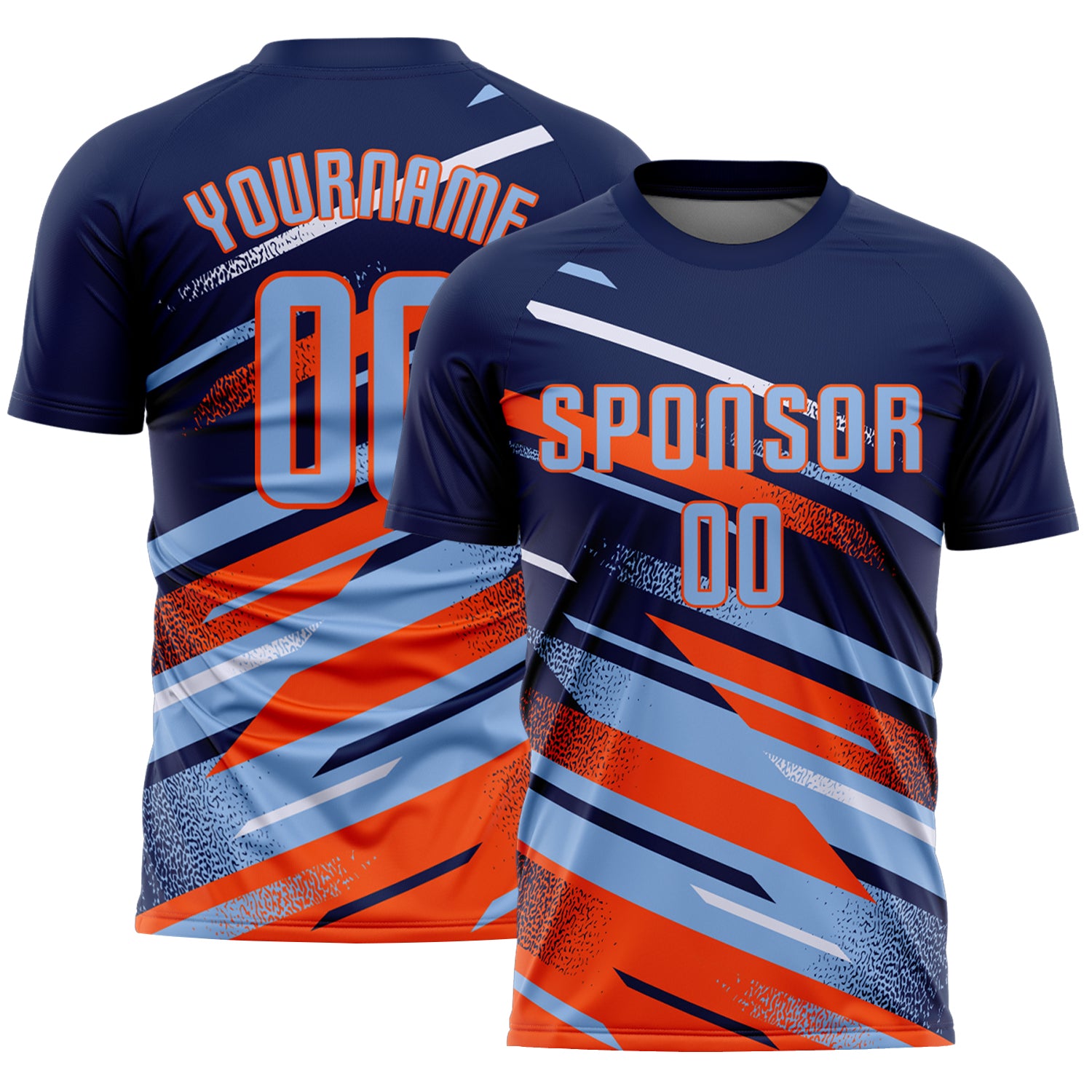 Custom Navy Light Blue Orange-White Grunge Stripe And Grainy Sports Sublimation Soccer Uniform Jersey
