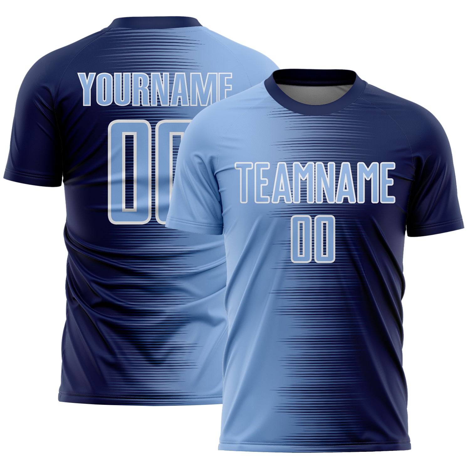Custom Navy Light Blue-White Gradient Line Sublimation Soccer Uniform Jersey