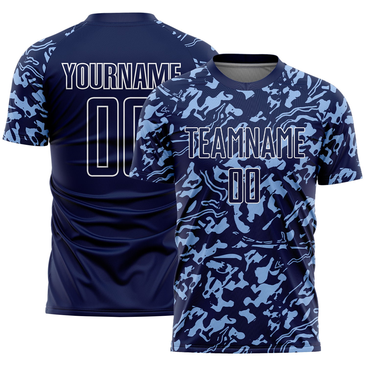 Custom Navy Light Blue-White Liquid Fluid Pattern Sports Sublimation Soccer Uniform Jersey