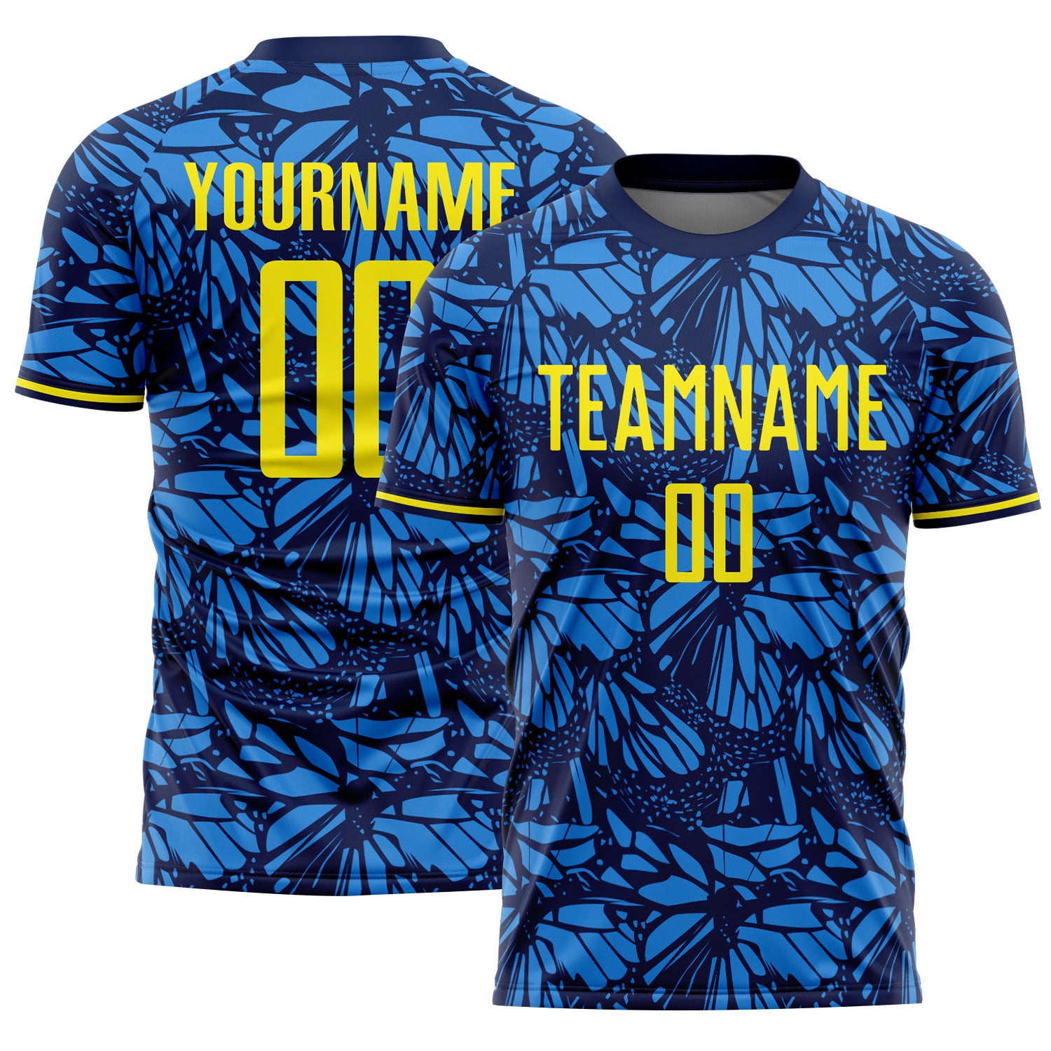 Custom Navy Light Yellow-Blue Colombia Butterfly Wings Pattern Sublimation Soccer Uniform Jersey