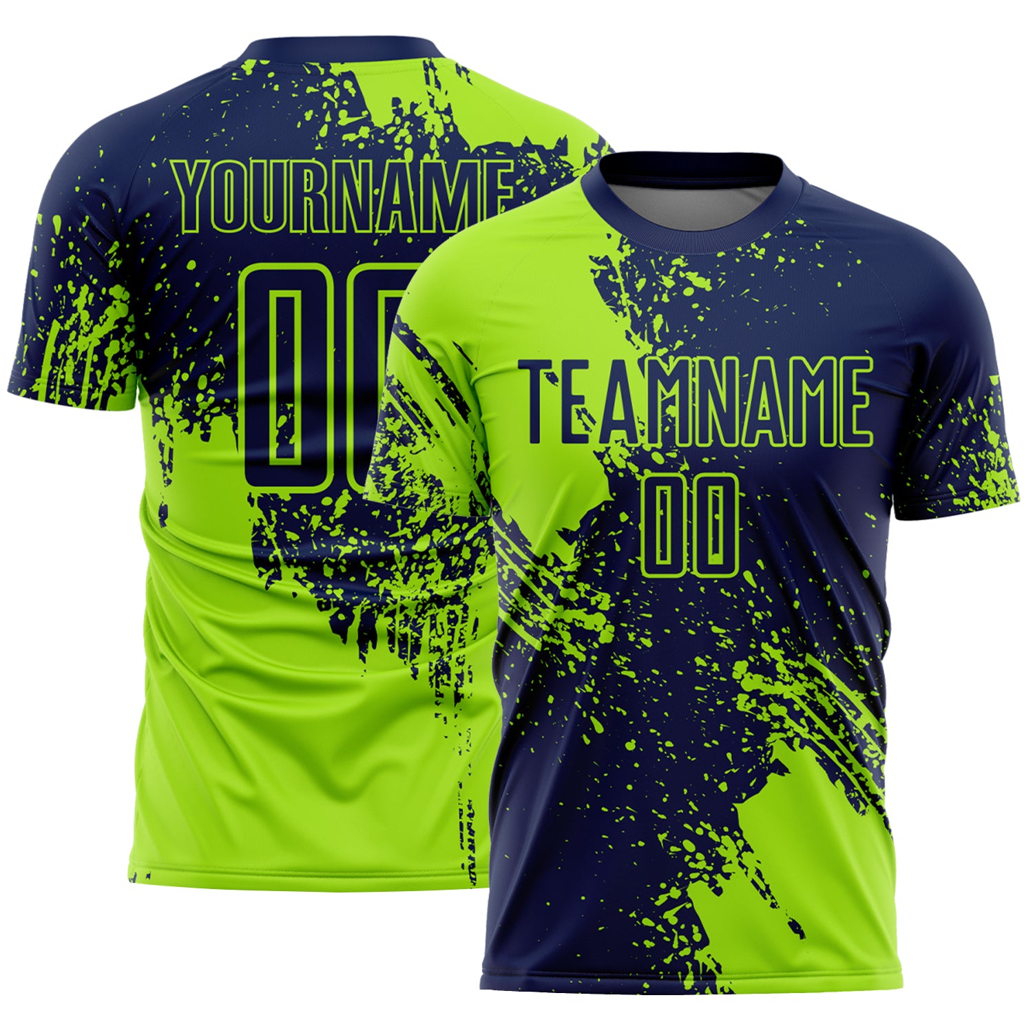Custom Navy Neon Green Abstract Brush Stroke Sports Sublimation Soccer Uniform Jersey