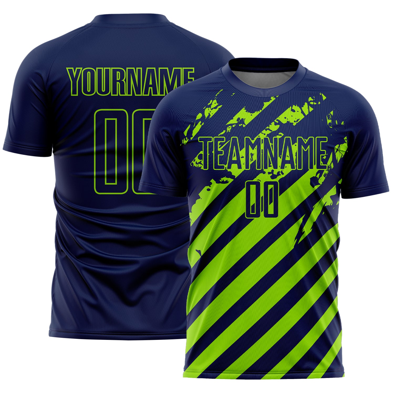 Custom Navy Neon Green Distressed Diagonal Stripe Pattern Sports Sublimation Soccer Uniform Jersey