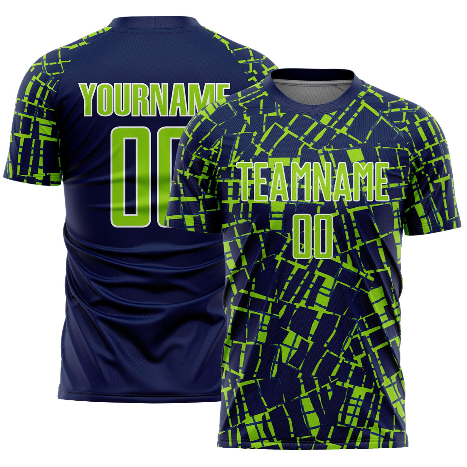 Custom Navy Neon Green-White Abstract Line Sports Sublimation Soccer Uniform Jersey