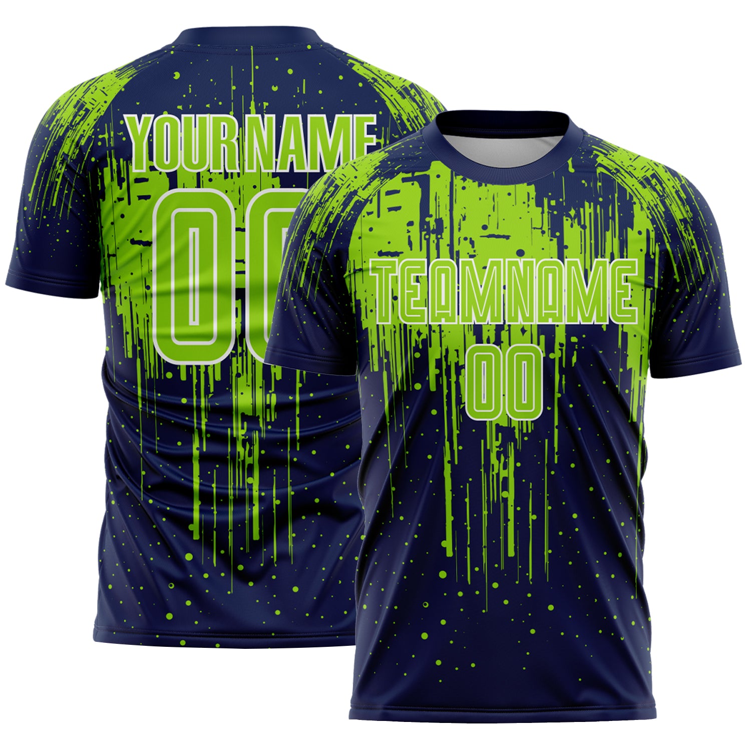 Custom Navy Neon Green-White Dripping Splatte Pattern Sports Sublimation Soccer Uniform Jersey