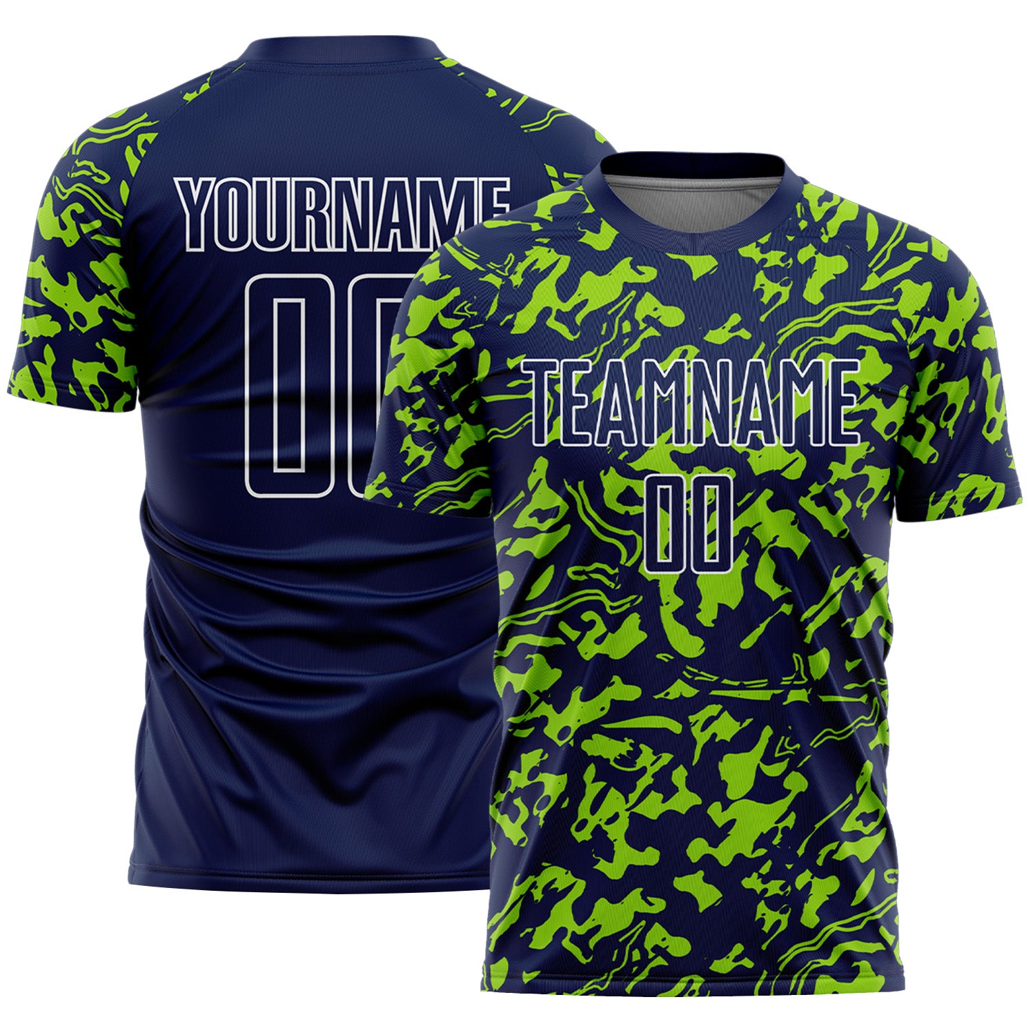 Custom Navy Neon Green-White Liquid Fluid Pattern Sports Sublimation Soccer Uniform Jersey