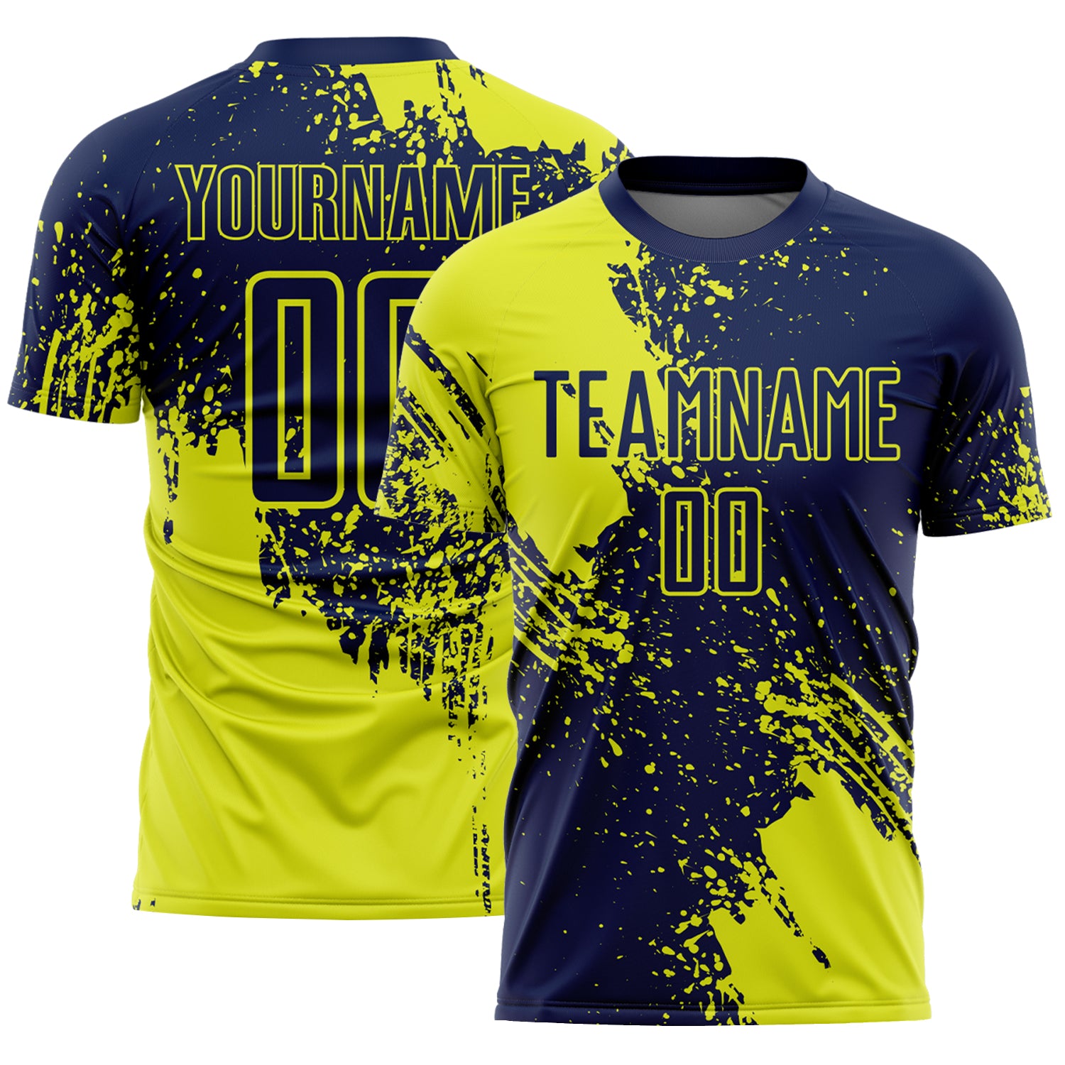 Custom Navy Neon Yellow Abstract Brush Stroke Sports Sublimation Soccer Uniform Jersey