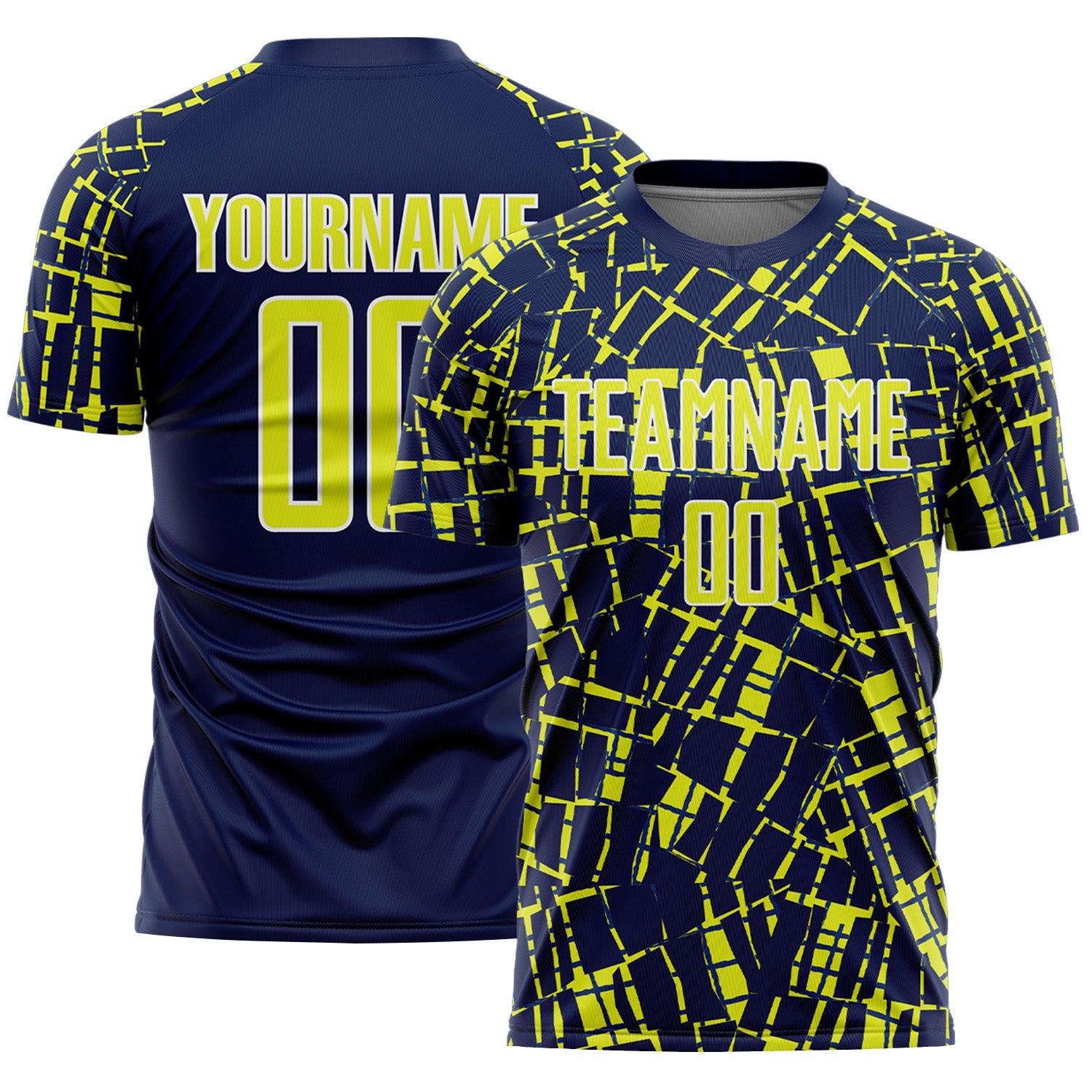 Custom Navy Neon Yellow-White Abstract Line Sports Sublimation Soccer Uniform Jersey