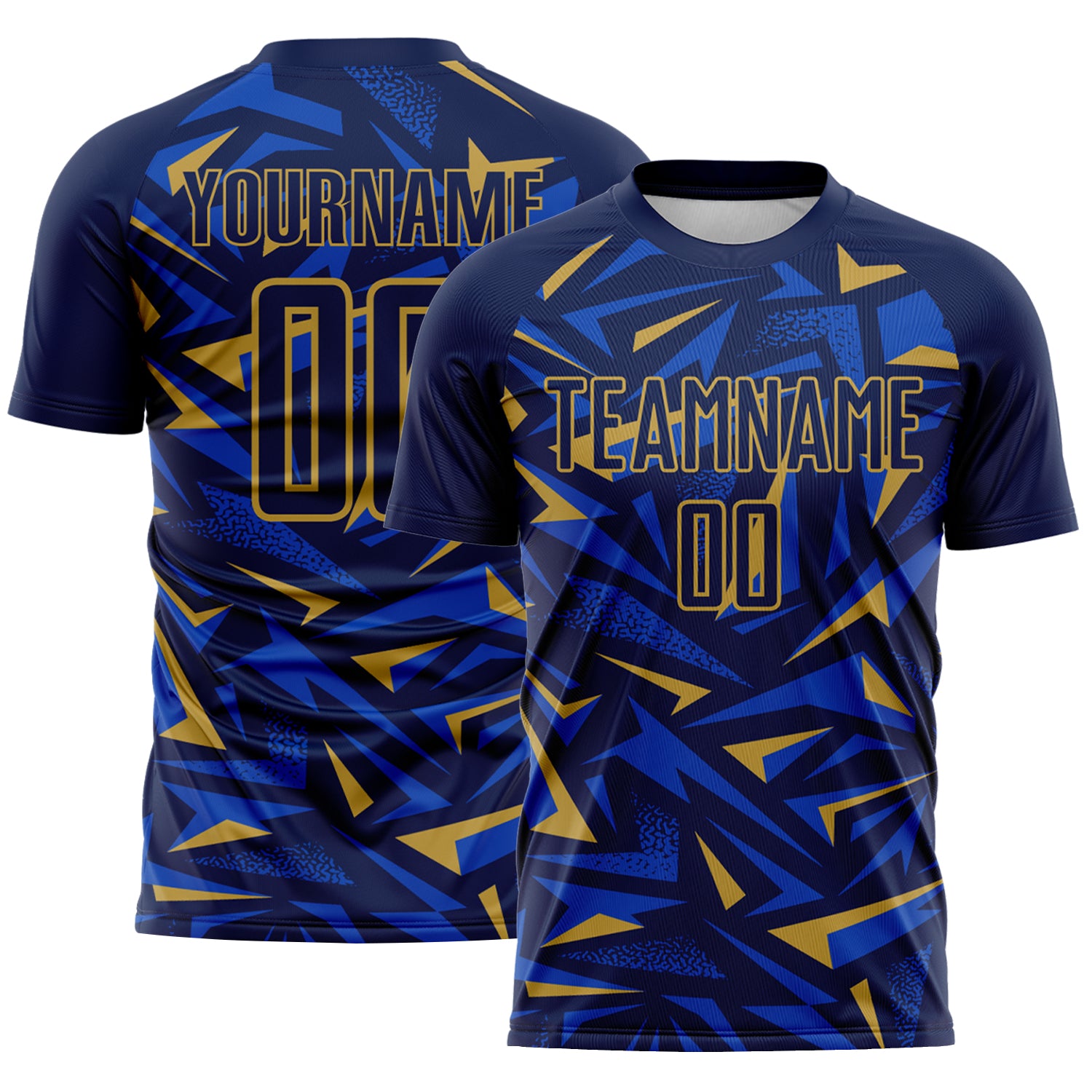 Custom Navy Old Gold-Thunder Blue Cyber Mecha E-sport Geometric Shards Spike Sublimation Soccer Uniform Jersey