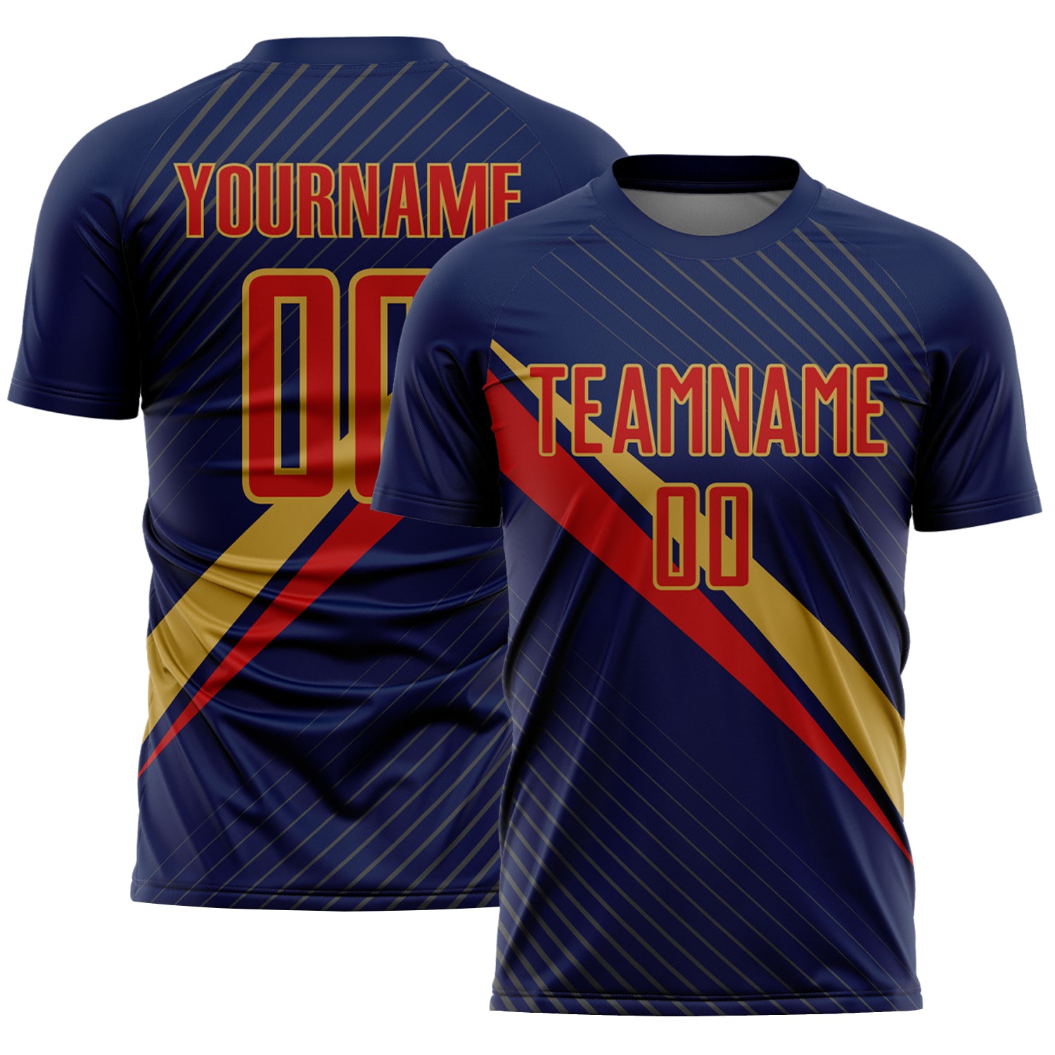 Custom Navy Red-Old Gold Diagonal Stripes Sports Sublimation Soccer Uniform Jersey
