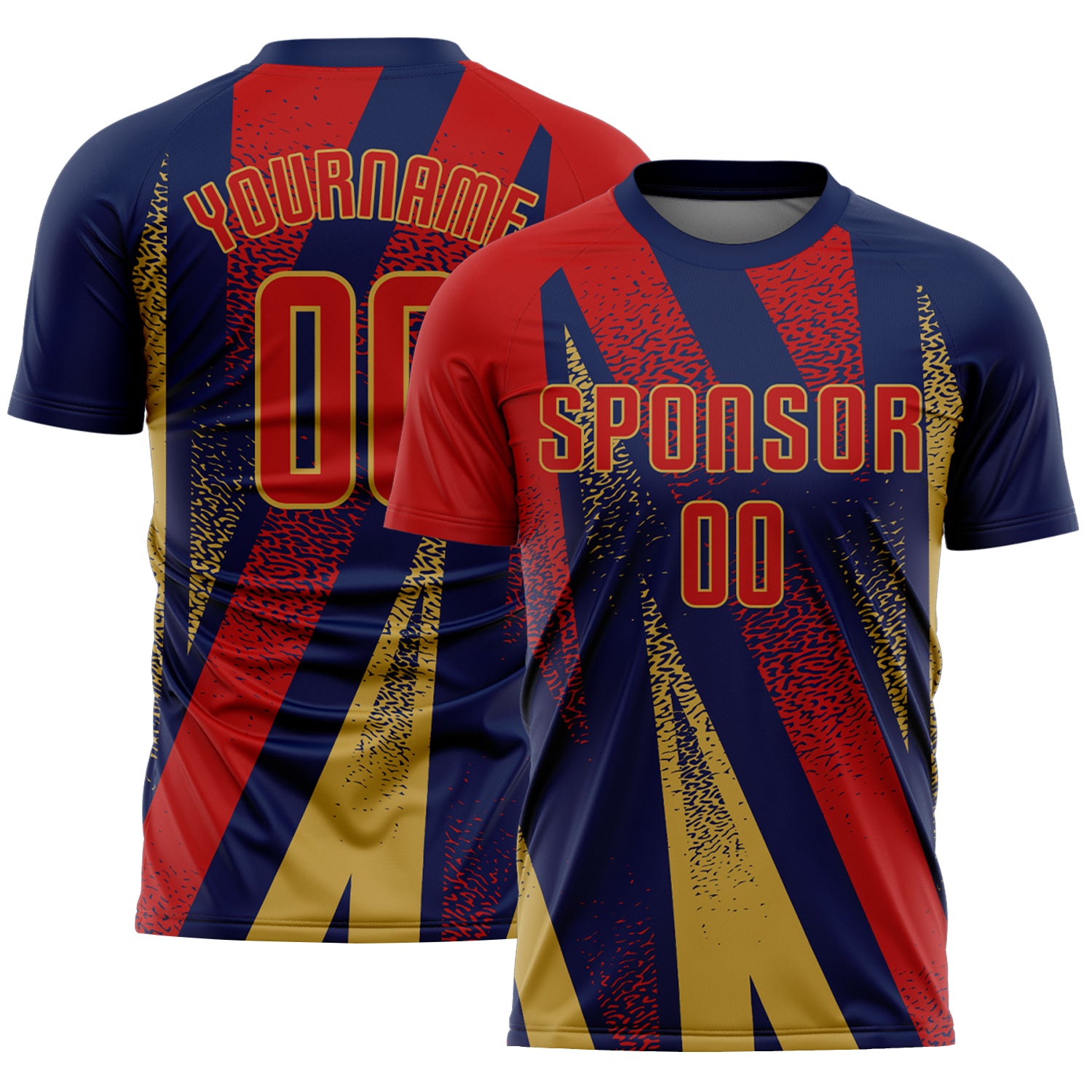 Custom Navy Red-Old Gold Radial Burst Sports Sublimation Soccer Uniform Jersey