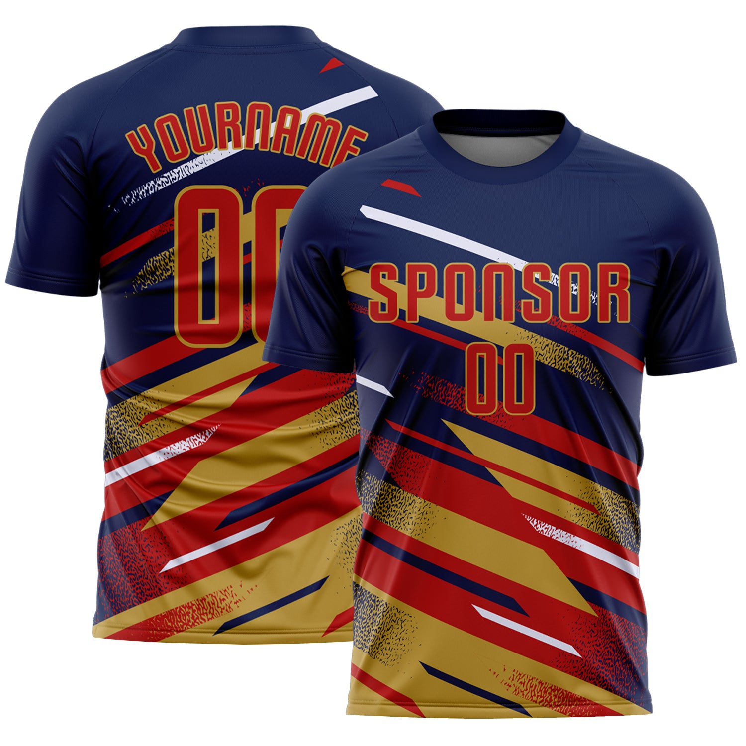 Custom Navy Red Old Gold-White Grunge Stripe And Grainy Sports Sublimation Soccer Uniform Jersey