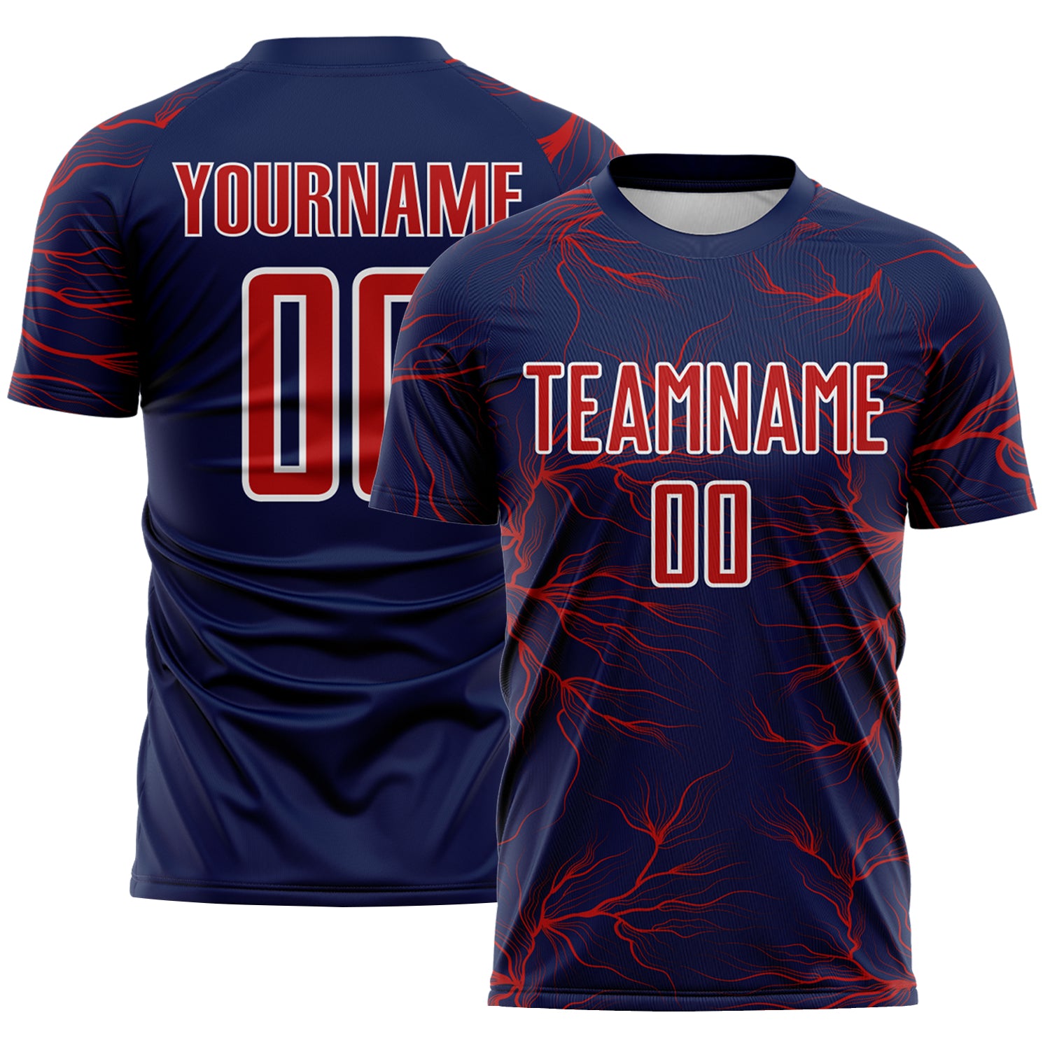 Custom Navy Red-White Lightning Electric Veins Sublimation Soccer Uniform Jersey