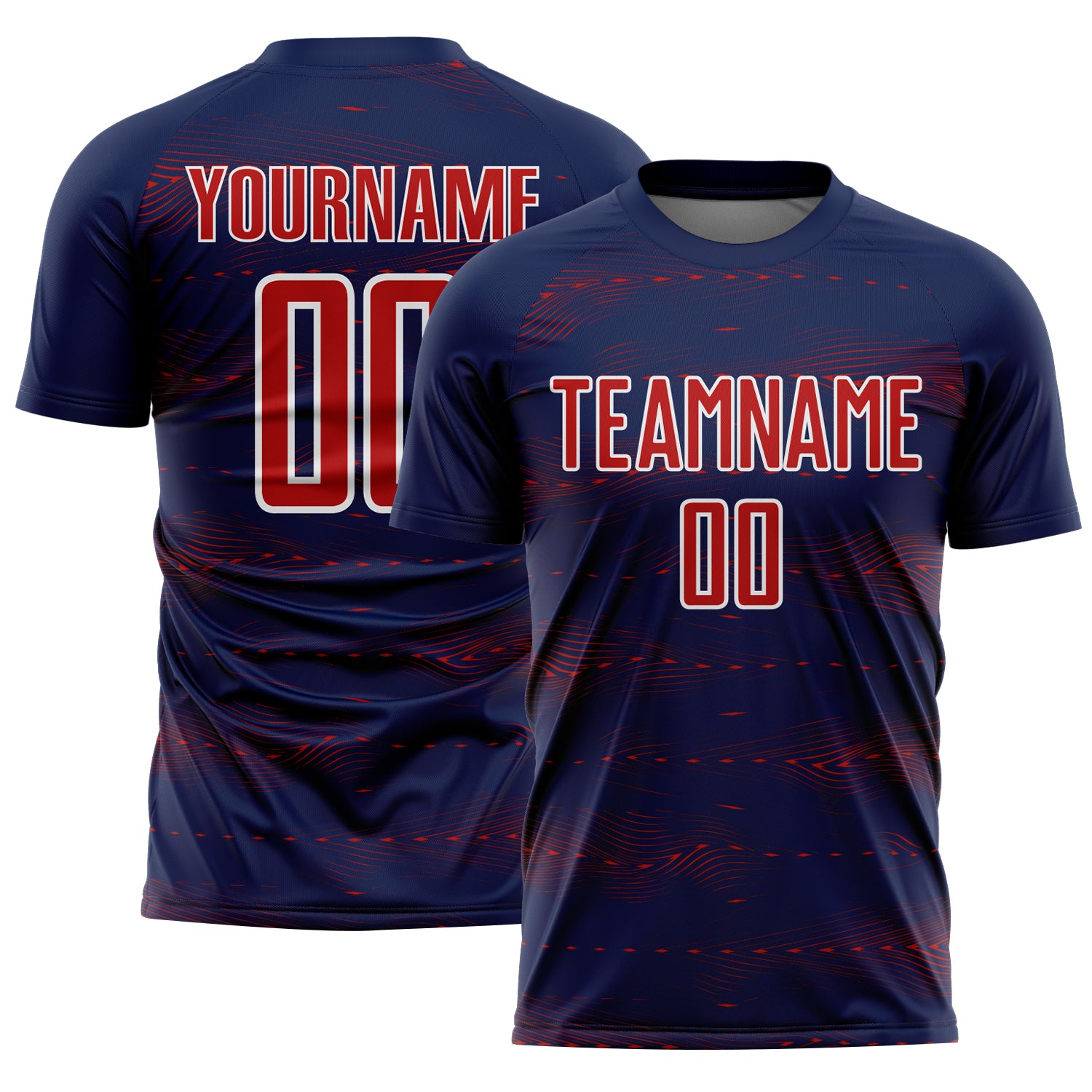 Custom Navy Red-White Streamline Wave Cyberpunk Neon Tech Sports Sublimation Soccer Uniform Jersey