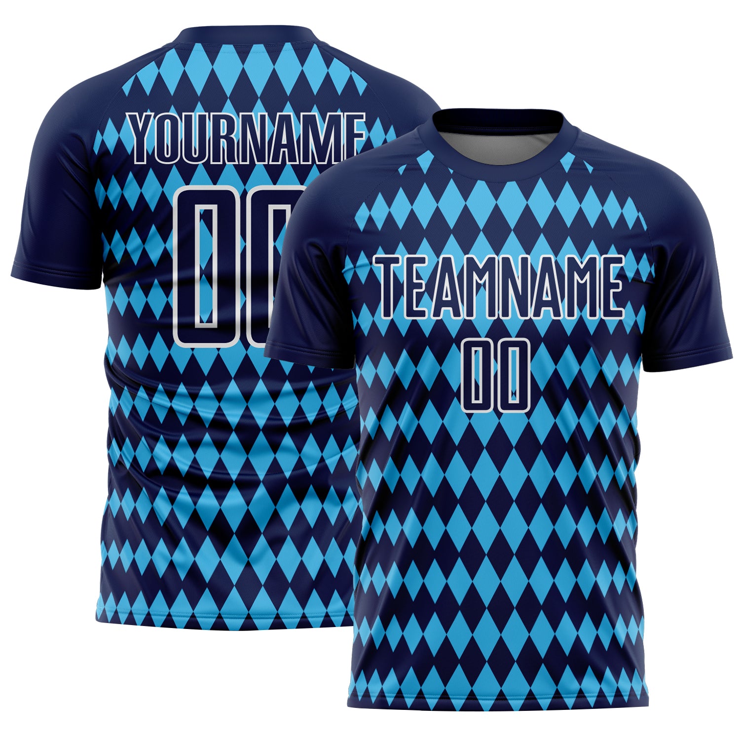 Custom Navy Sky Blue-White Diamond Harlequin Check Sports Sublimation Soccer Uniform Jersey