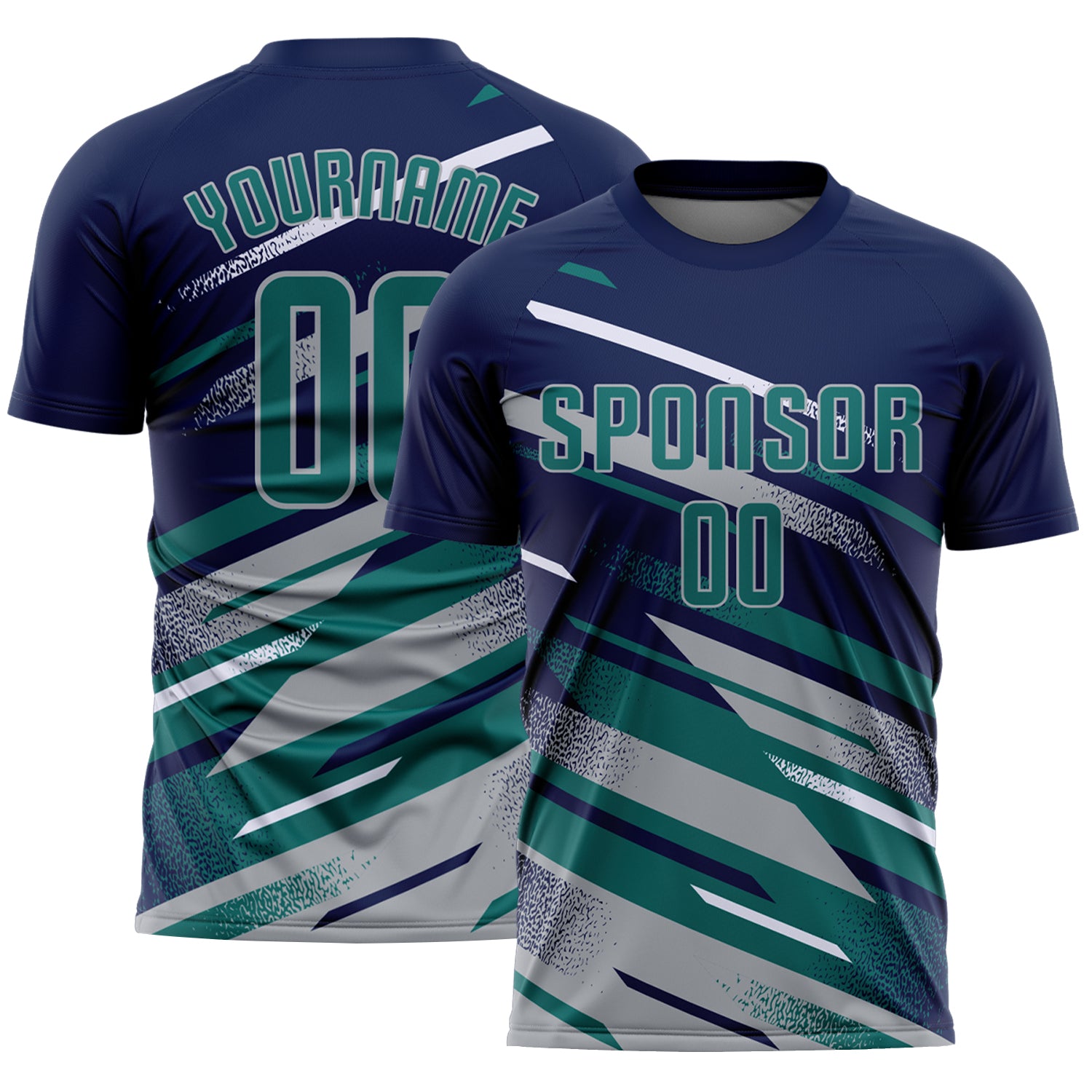 Custom Navy Teal Gray-White Grunge Stripe And Grainy Sports Sublimation Soccer Uniform Jersey