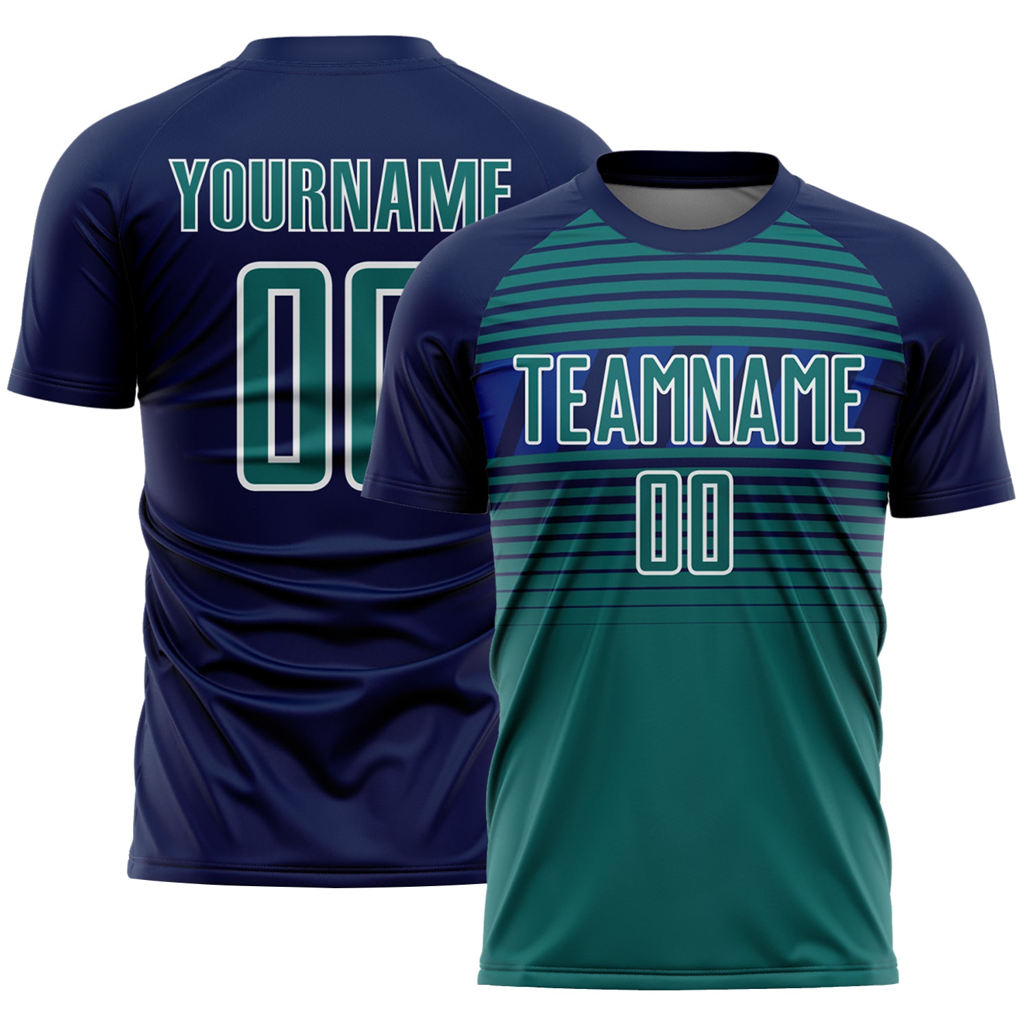 Custom Navy Teal Royal-White Gradient Horizontal Stripes Sublimation Soccer Uniform Jersey