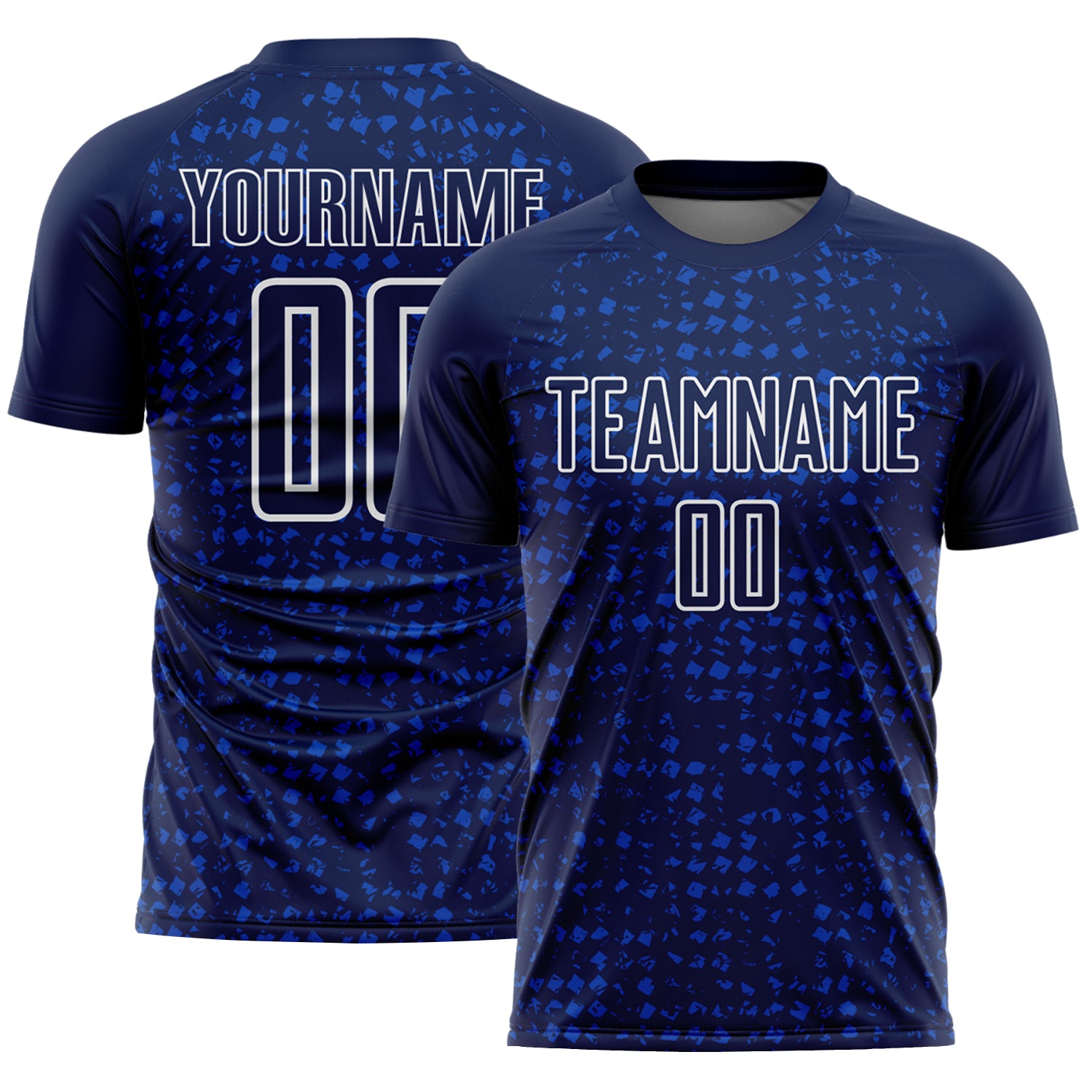 Custom Navy Thunder Blue-White Digital Geometric Fragment Speckles Sublimation Soccer Uniform Jersey