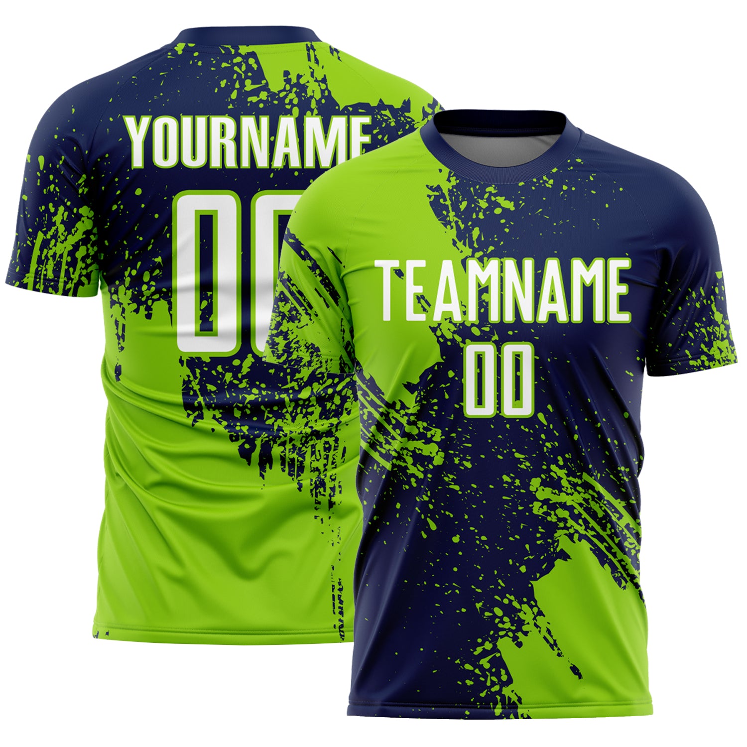 Custom Navy White-Neon Green Abstract Brush Stroke Sports Sublimation Soccer Uniform Jersey