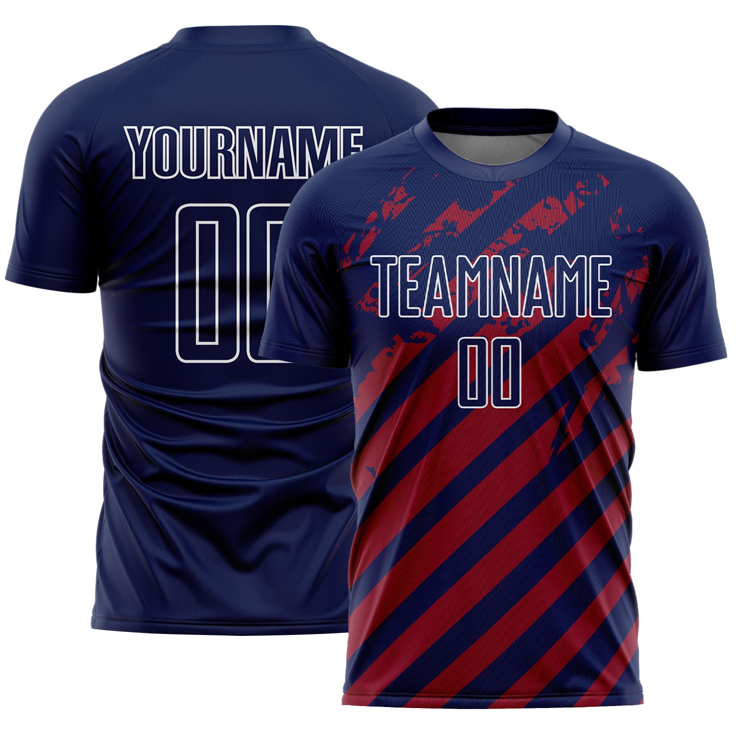 Custom Navy White-Red Distressed Diagonal Stripe Pattern Sports Sublimation Soccer Uniform Jersey