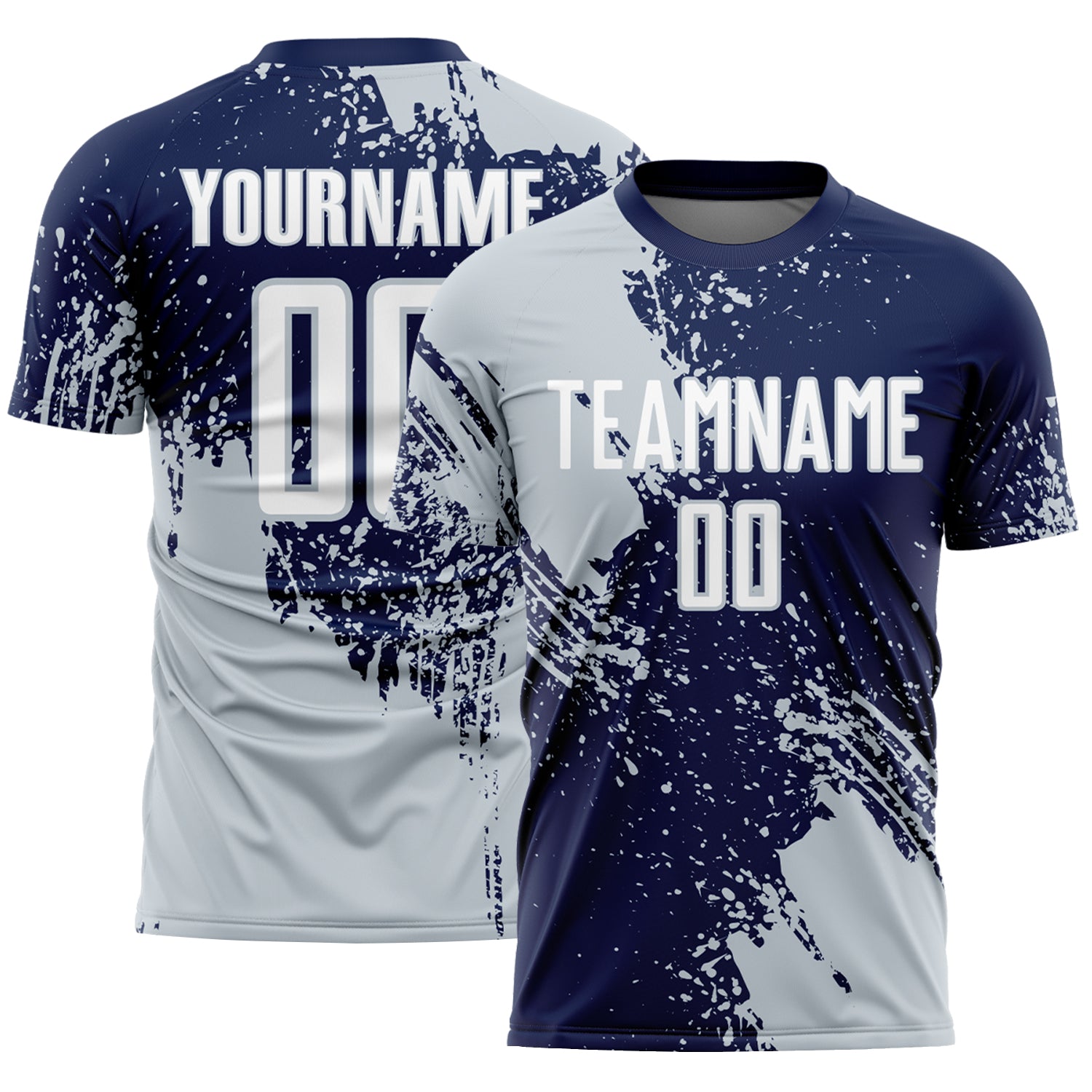 Custom Navy White-Silver Abstract Brush Stroke Sports Sublimation Soccer Uniform Jersey