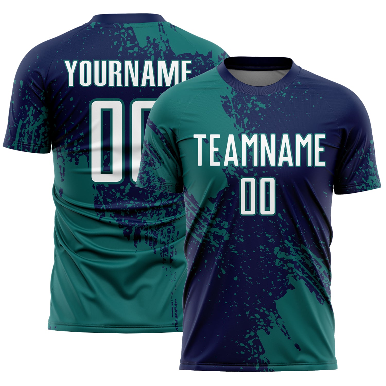 Custom Navy White-Teal Abstract Brush Stroke Sports Sublimation Soccer Uniform Jersey
