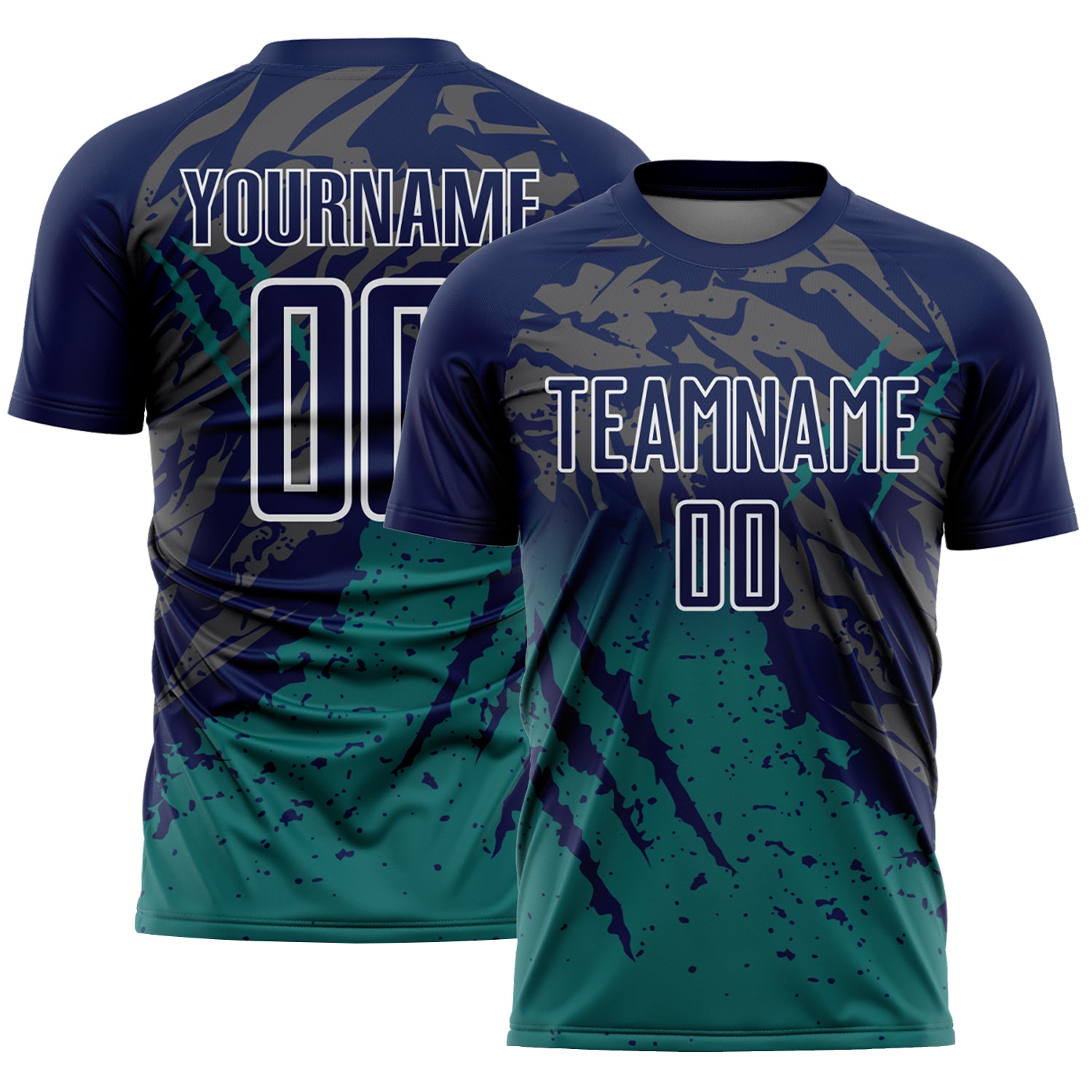 Custom Navy White-Teal Gradient Claw Mark Splatter Sports Sublimation Soccer Uniform Jersey