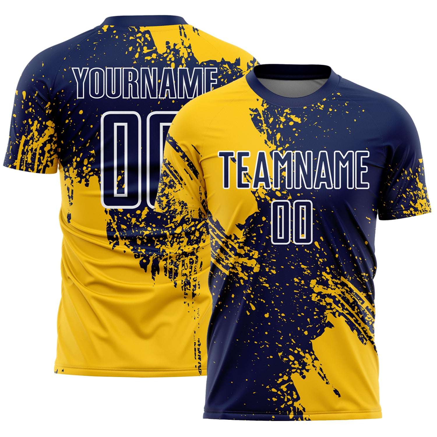 Custom Navy Yellow-White Abstract Brush Stroke Sports Sublimation Soccer Uniform Jersey