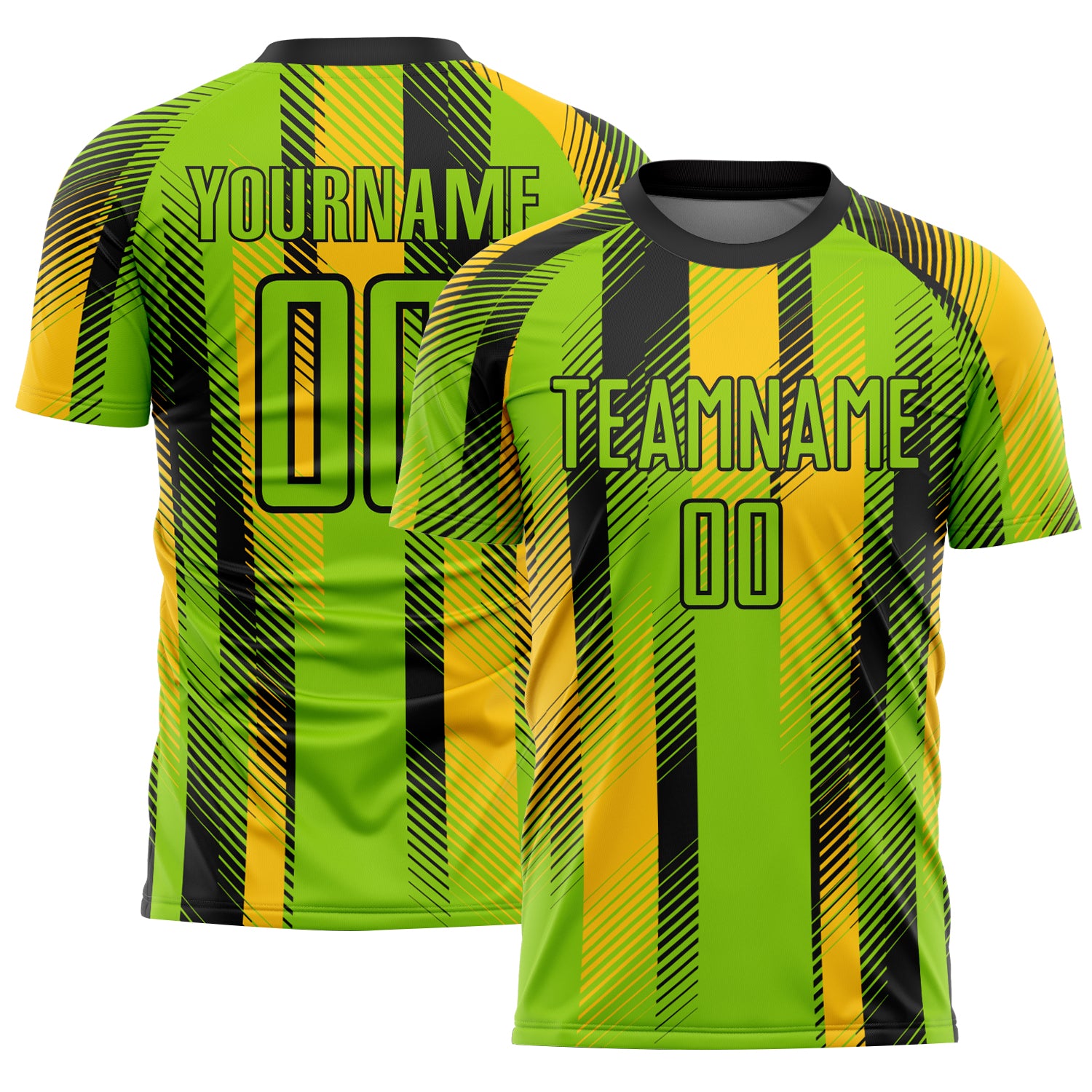 Custom Neon Green Black-Yellow Diagonal Stripe Sports Sublimation Soccer Uniform Jersey