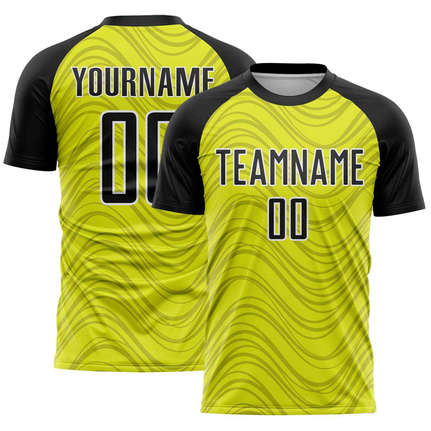 Custom Neon Yellow Black-White Wavy Lines Sports Sublimation Soccer Uniform Jersey