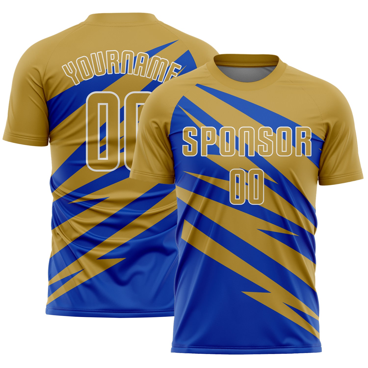 Custom Old Gold Thunder Blue-White Abstract Line Sports Sublimation Soccer Uniform Jersey