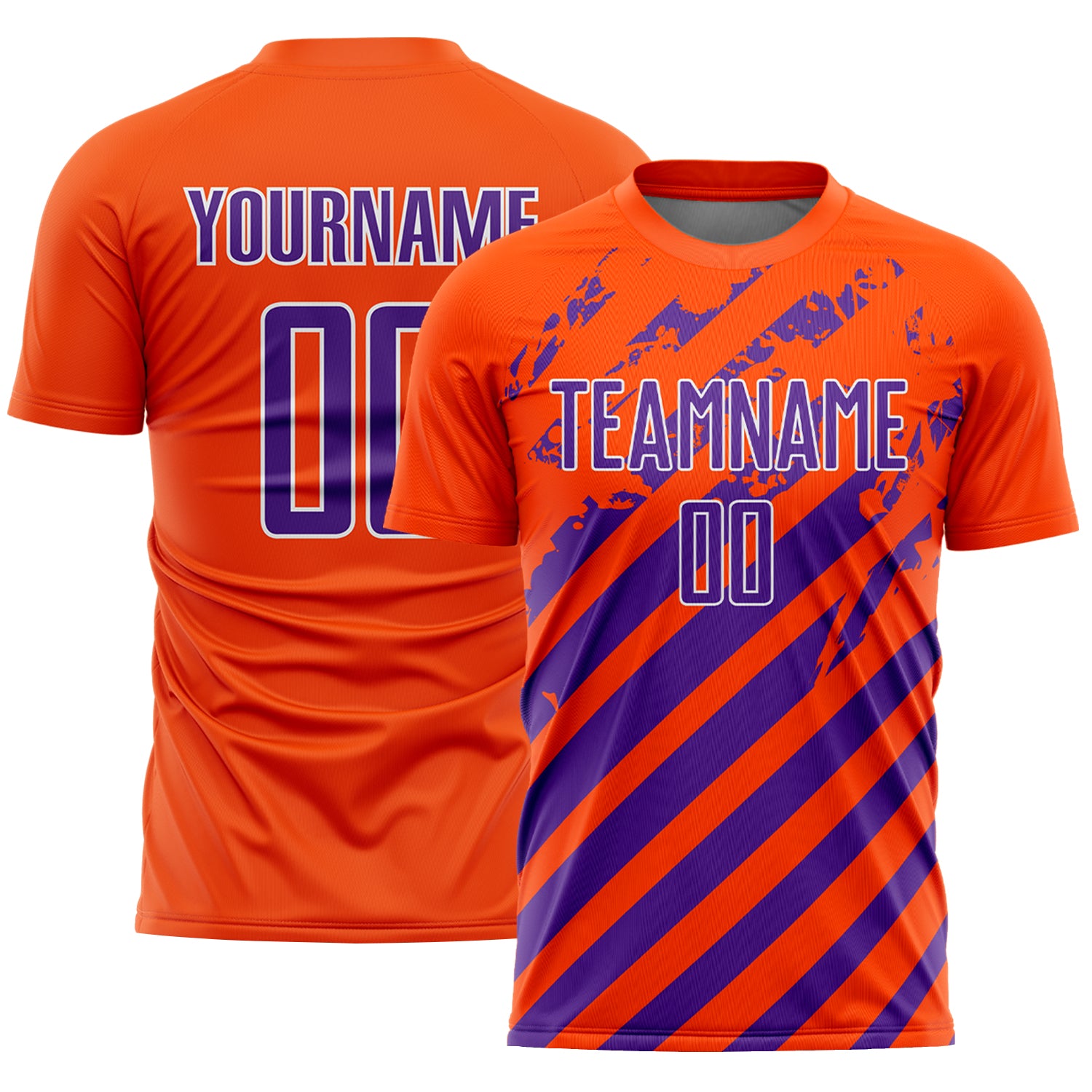 Custom Orange Purple-White Distressed Diagonal Stripe Pattern Sports Sublimation Soccer Uniform Jersey