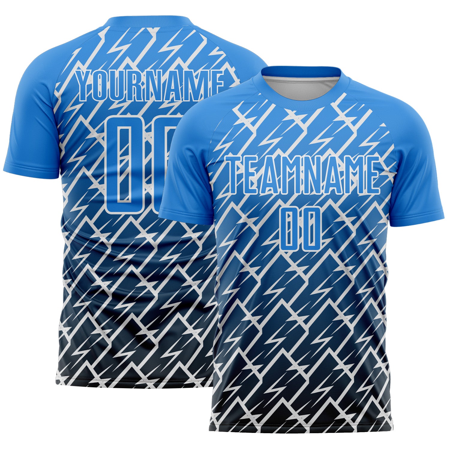 Custom Powder Blue Black-White Lightning Sports Sublimation Soccer Uniform Jersey