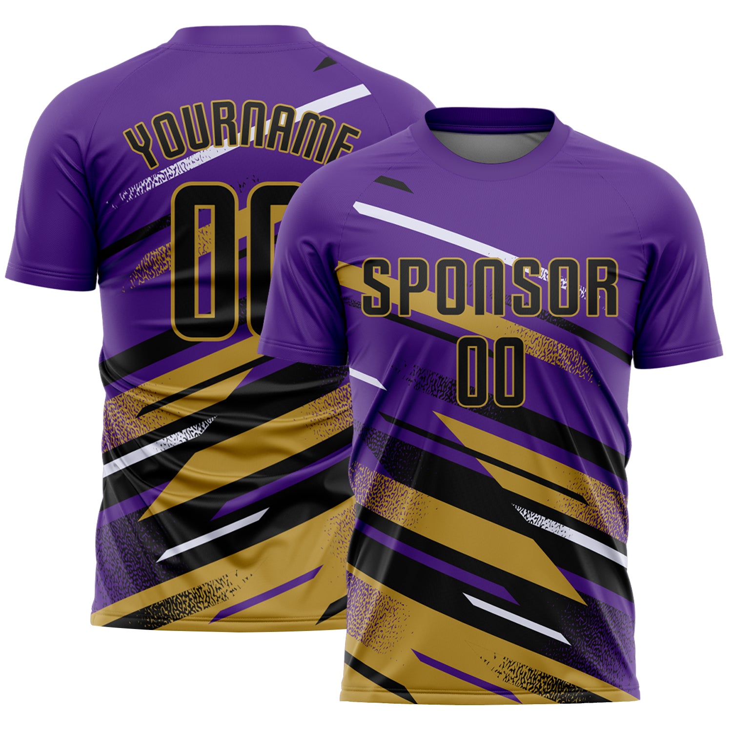 Custom Purple Black Old Gold-White Grunge Stripe And Grainy Sports Sublimation Soccer Uniform Jersey