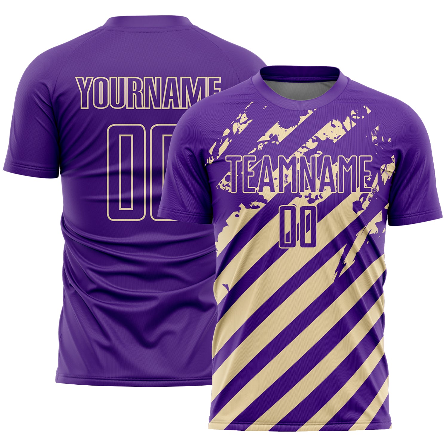 Custom Purple Cream Distressed Diagonal Stripe Pattern Sports Sublimation Soccer Uniform Jersey
