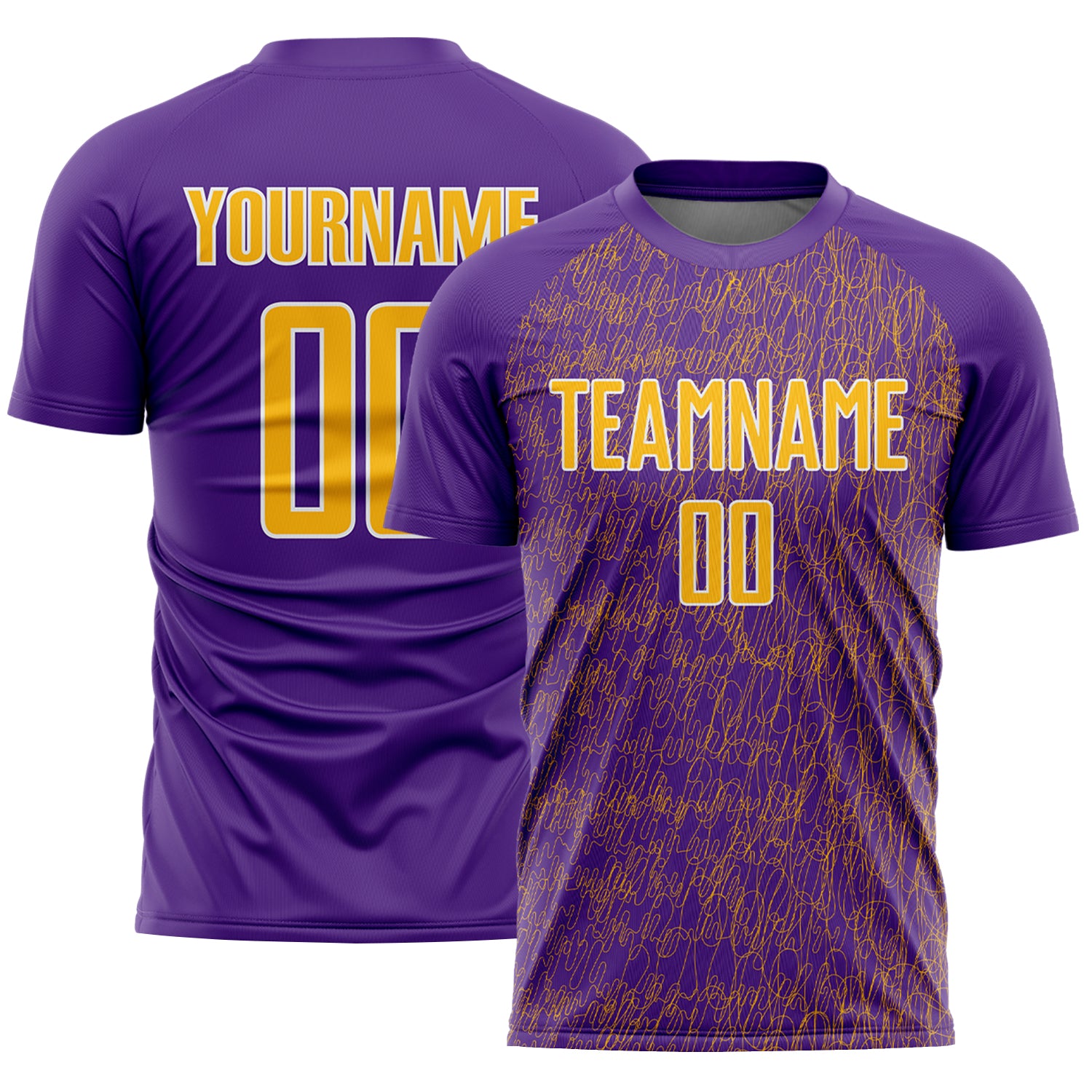 Custom Purple Gold-White Abstract Scribble Curve Line Pattern Sports Sublimation Soccer Uniform Jersey