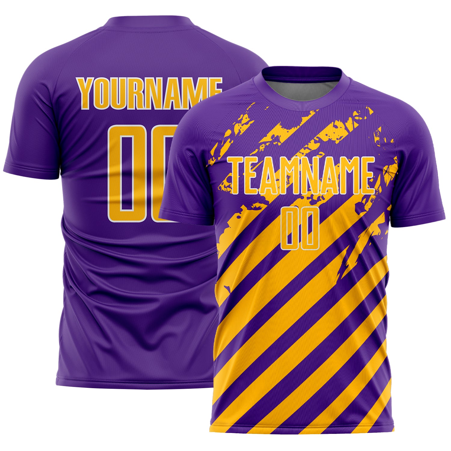 Custom Purple Gold-White Distressed Diagonal Stripe Pattern Sports Sublimation Soccer Uniform Jersey