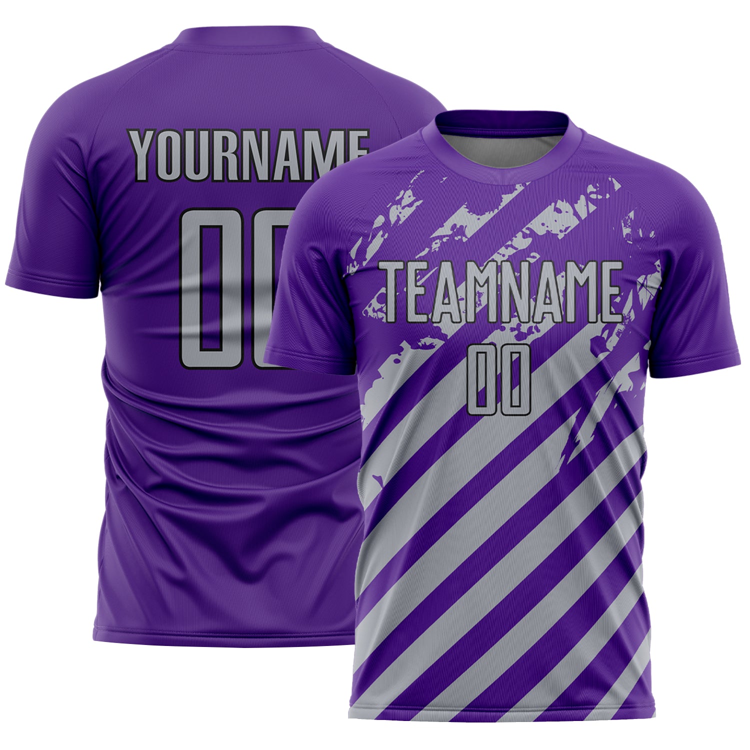Custom Purple Gray-Black Distressed Diagonal Stripe Pattern Sports Sublimation Soccer Uniform Jersey