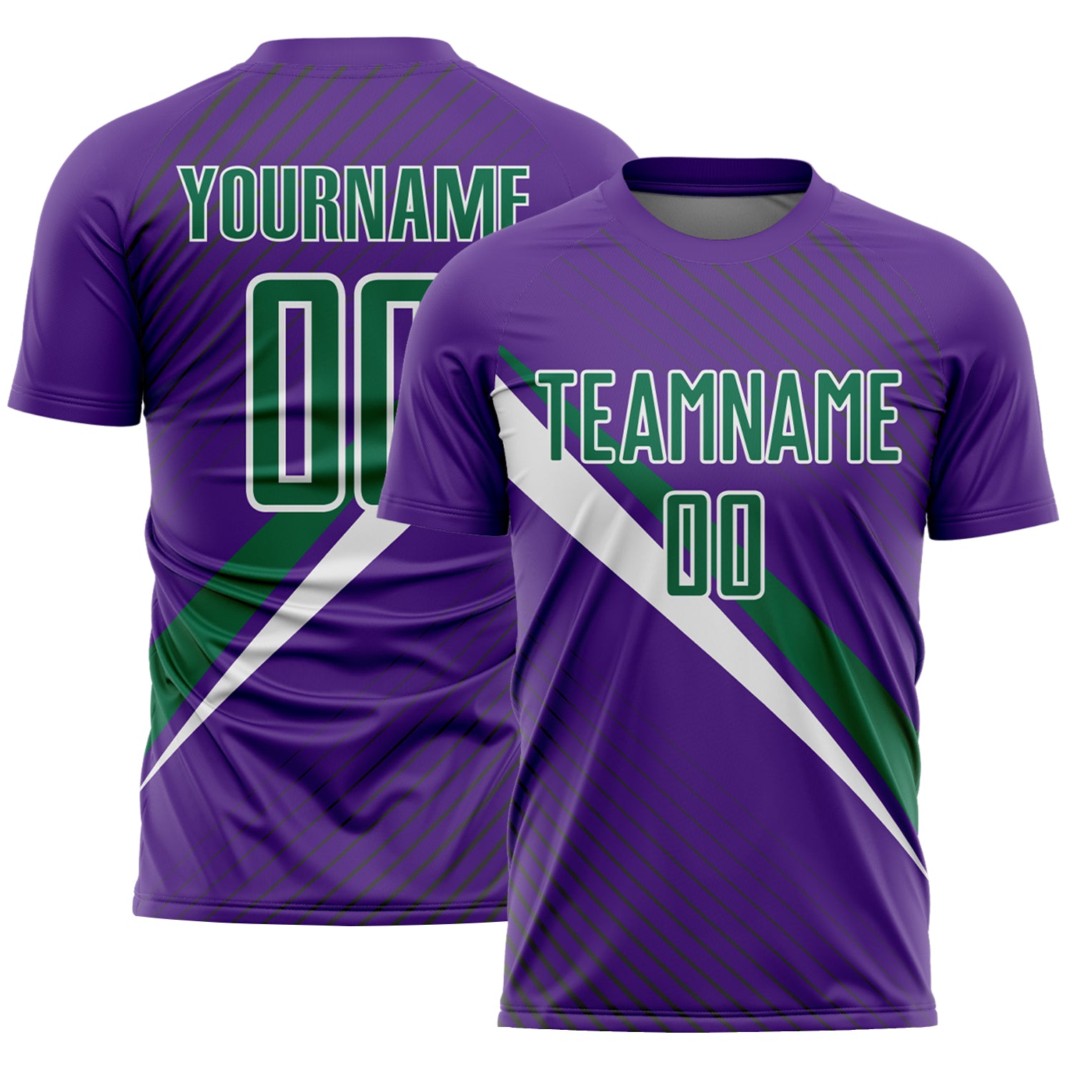Custom Purple Kelly Green-White Diagonal Stripes Sports Sublimation Soccer Uniform Jersey