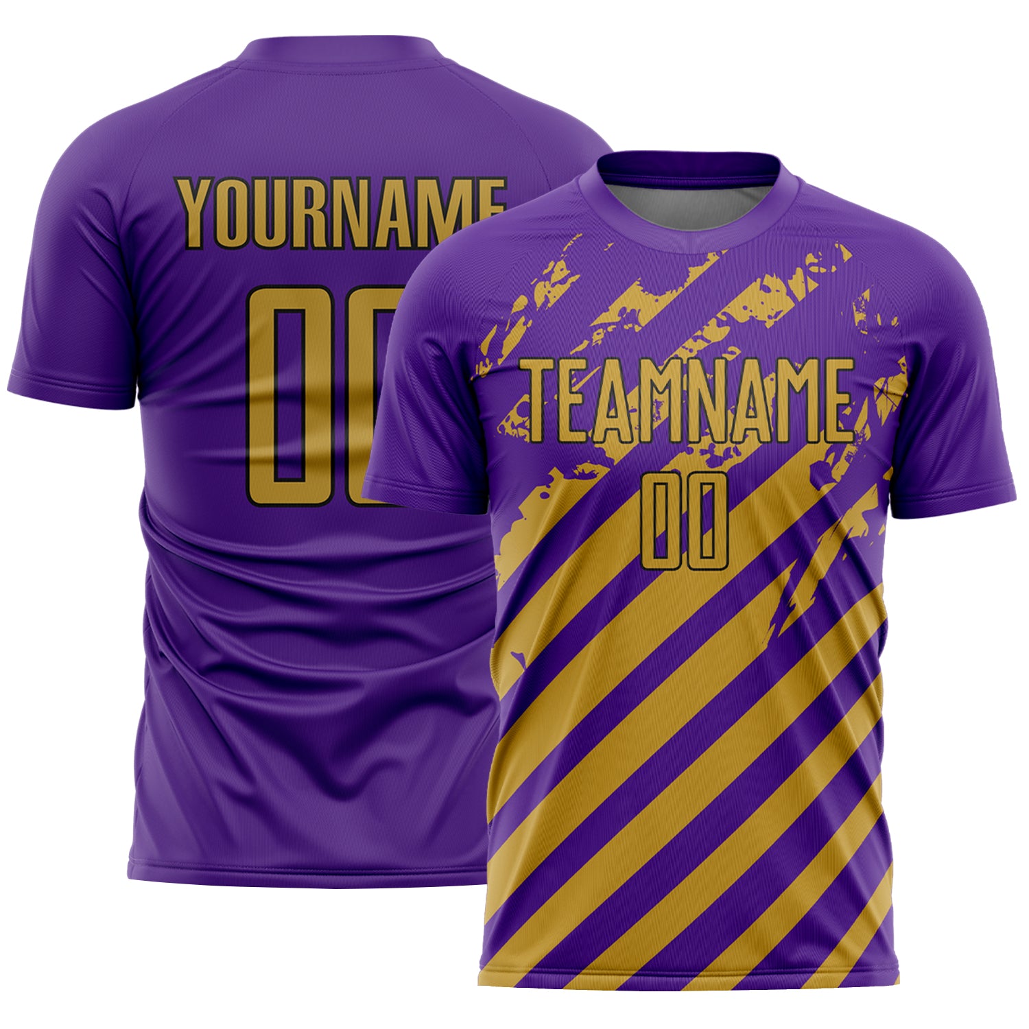 Custom Purple Old Gold-Black Distressed Diagonal Stripe Pattern Sports Sublimation Soccer Uniform Jersey