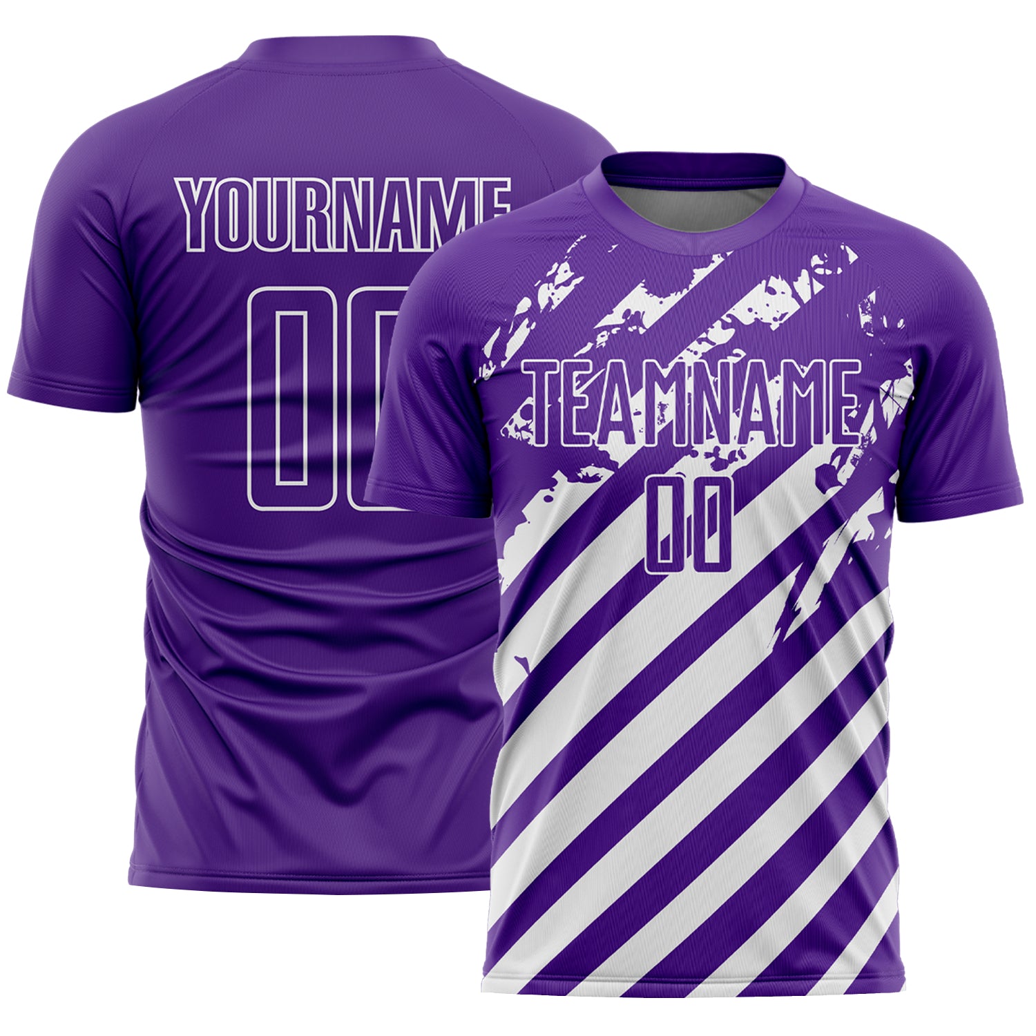 Custom Purple White Distressed Diagonal Stripe Pattern Sports Sublimation Soccer Uniform Jersey