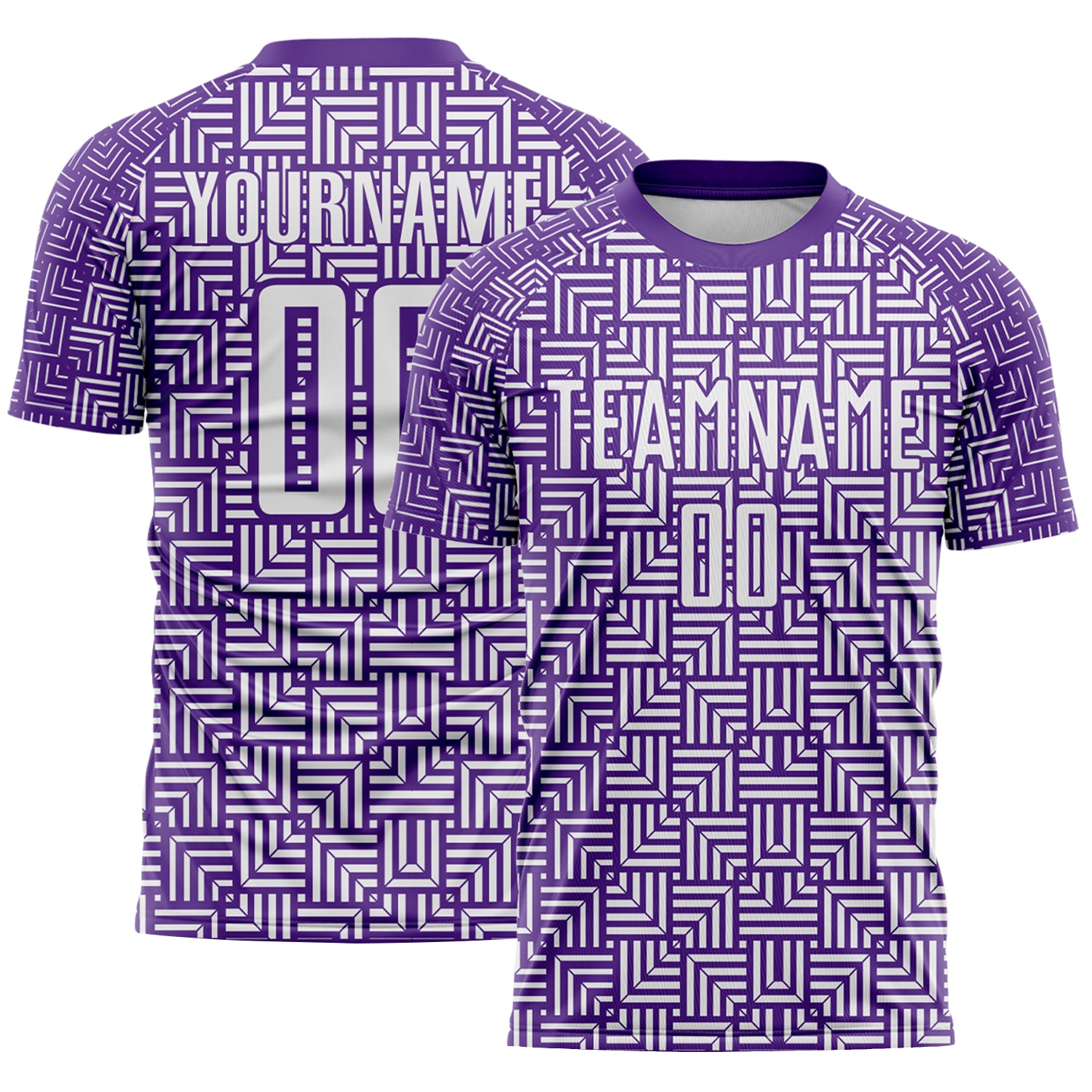 Custom Purple White Geometric Maze Interlocking Square Sports Sublimation Soccer Uniform Jersey