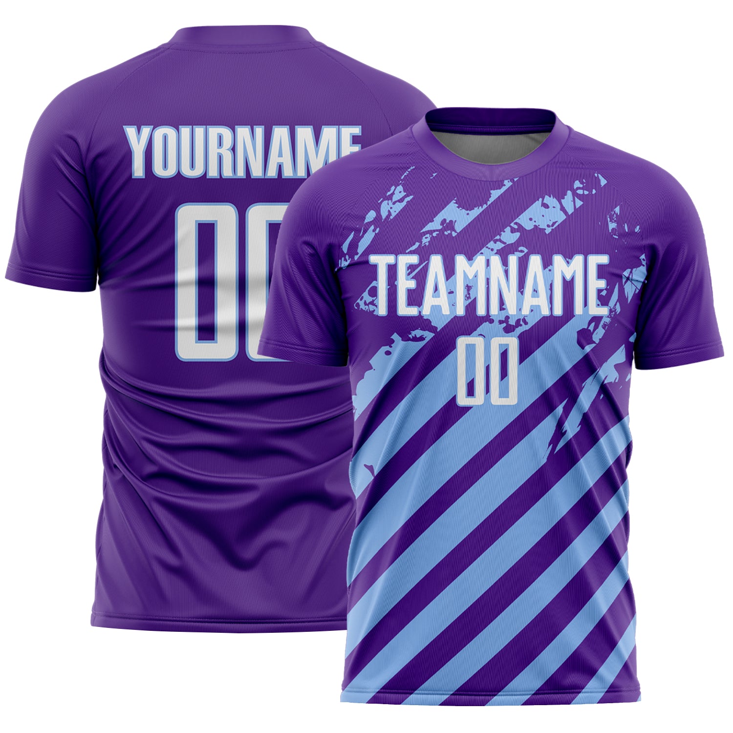Custom Purple White-Light Blue Distressed Diagonal Stripe Pattern Sports Sublimation Soccer Uniform Jersey