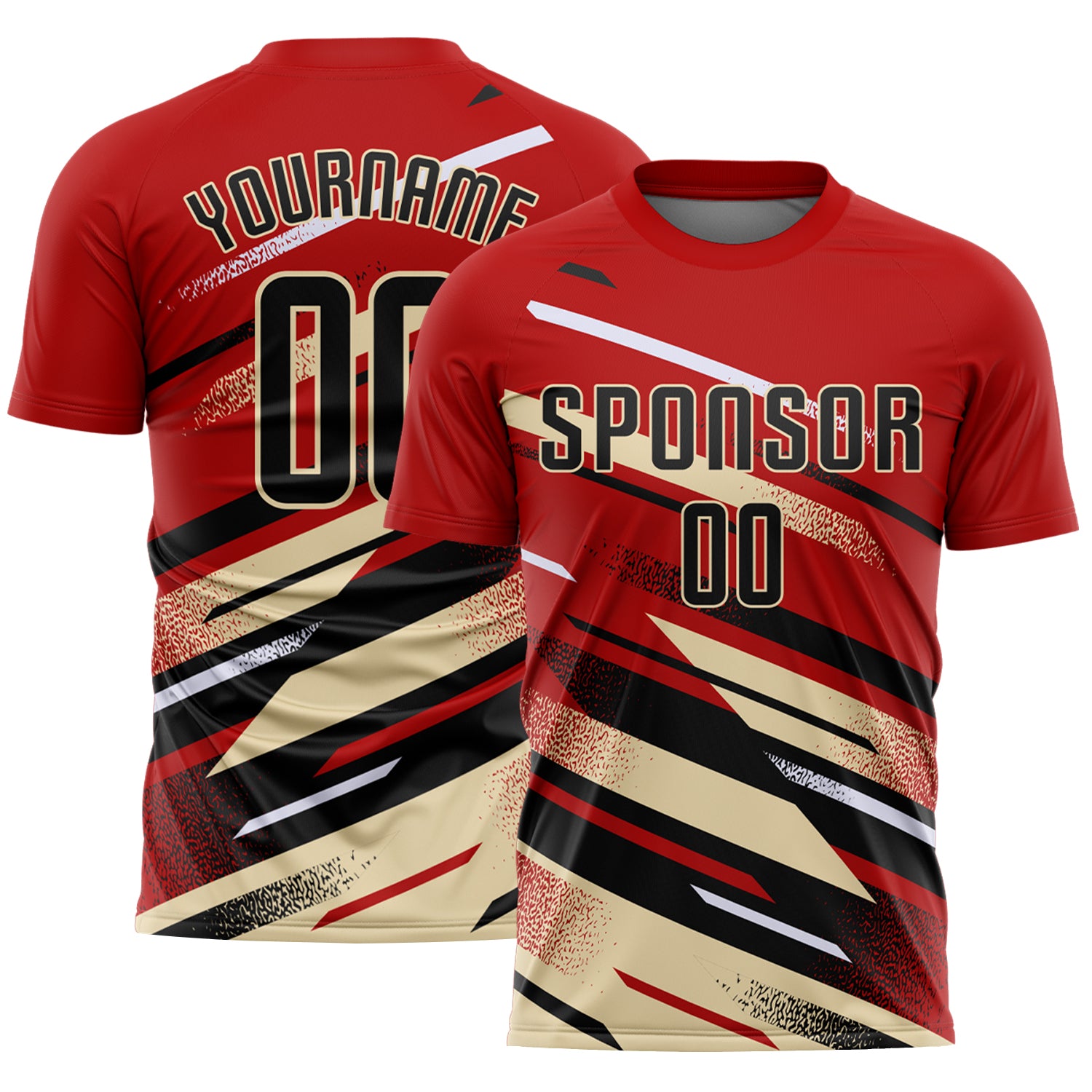 Custom Red Black Cream-White Grunge Stripe And Grainy Sports Sublimation Soccer Uniform Jersey