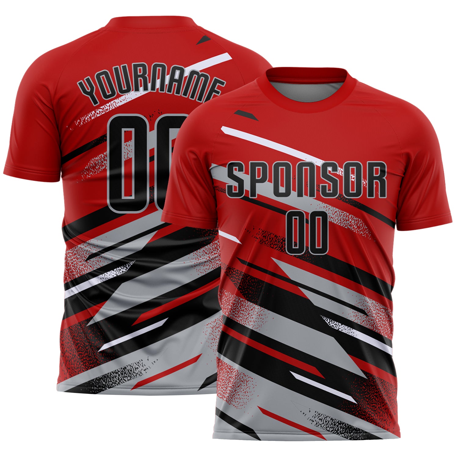 Custom Red Black Gray-White Grunge Stripe And Grainy Sports Sublimation Soccer Uniform Jersey
