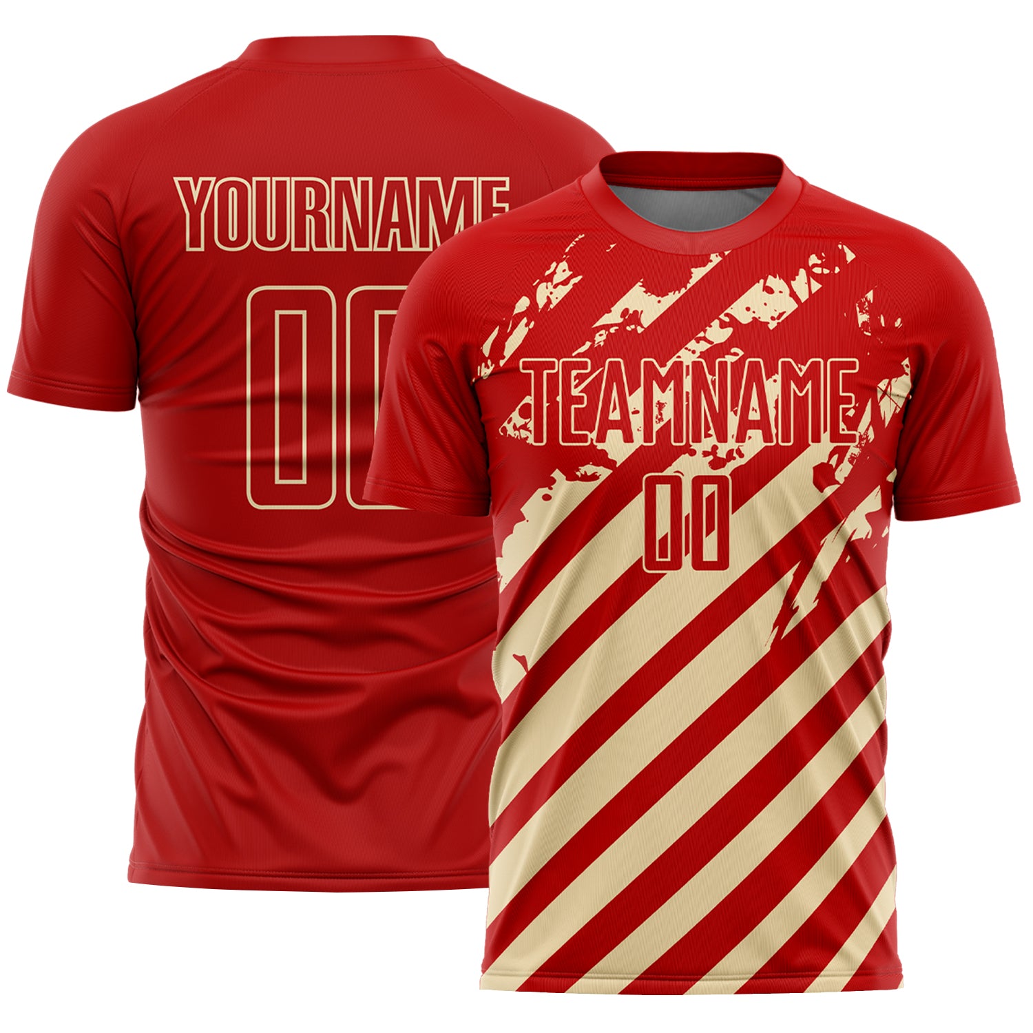 Custom Red Cream Distressed Diagonal Stripe Pattern Sports Sublimation Soccer Uniform Jersey