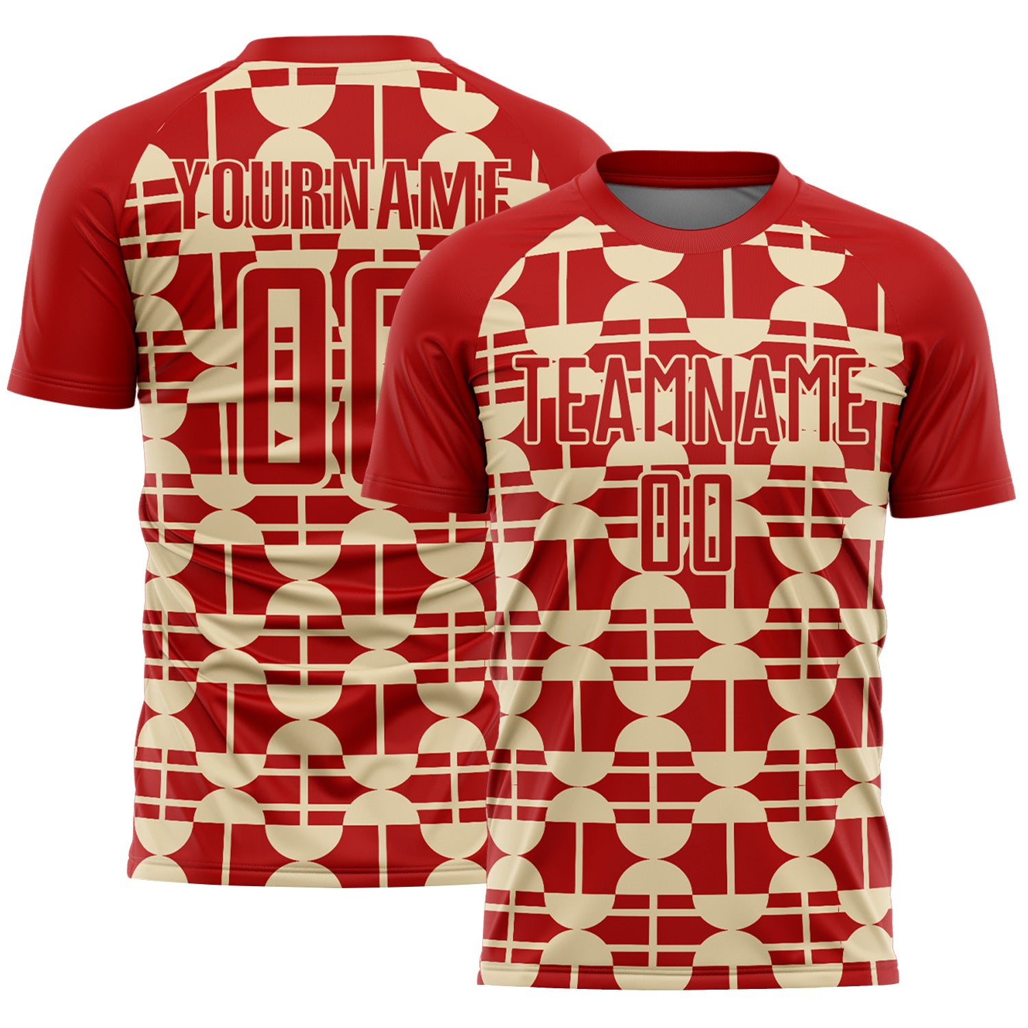 Custom Red Cream Geometric Shapes Sports Sublimation Soccer Uniform Jersey