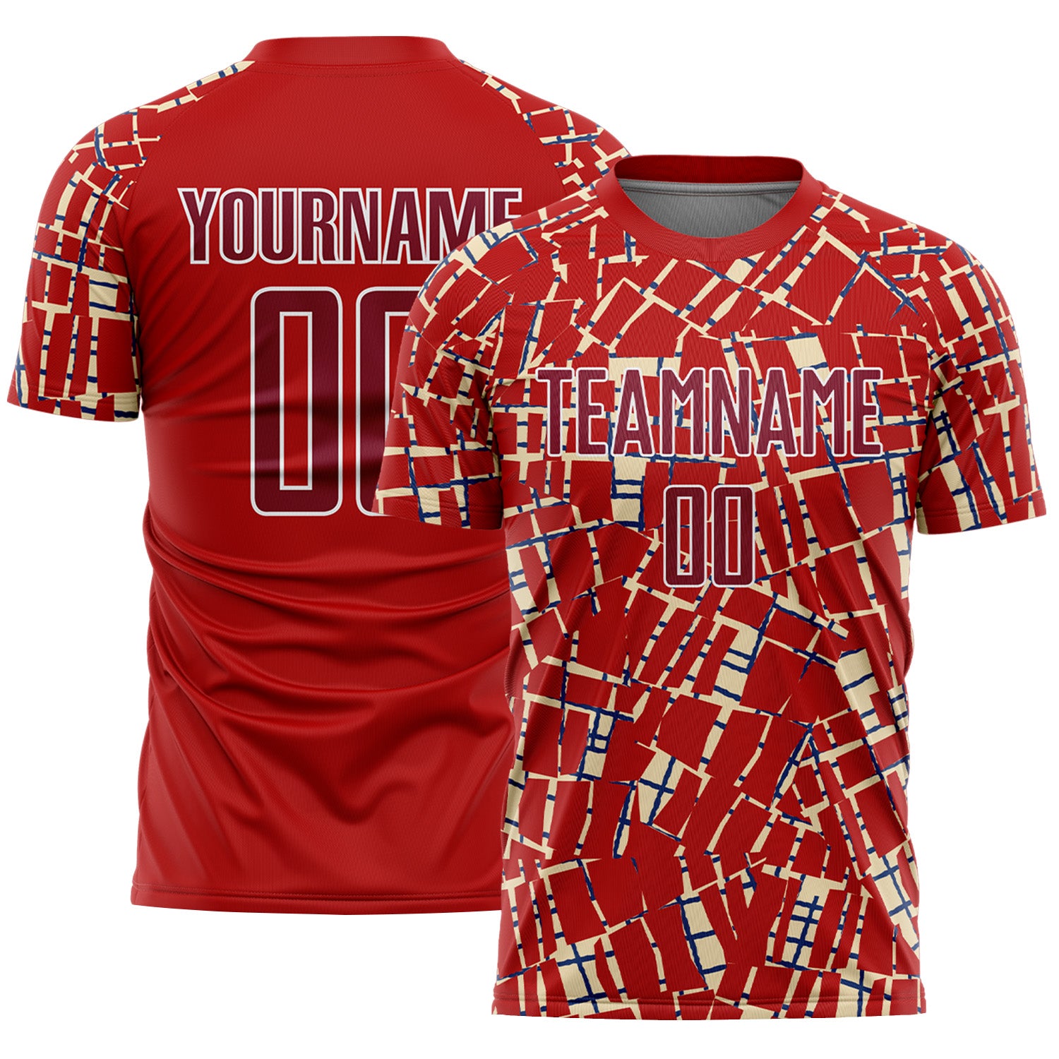 Custom Red Crimson Cream White-Blue Abstract Line Sports Sublimation Soccer Uniform Jersey
