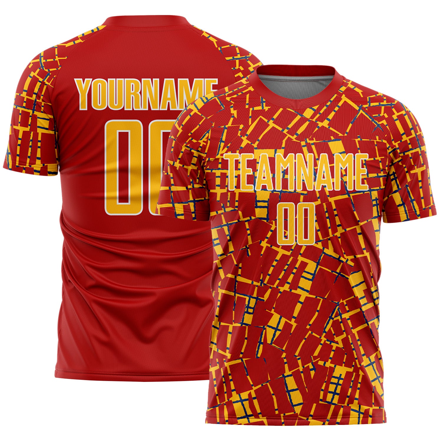 Custom Red Gold White-Blue Abstract Line Sports Sublimation Soccer Uniform Jersey